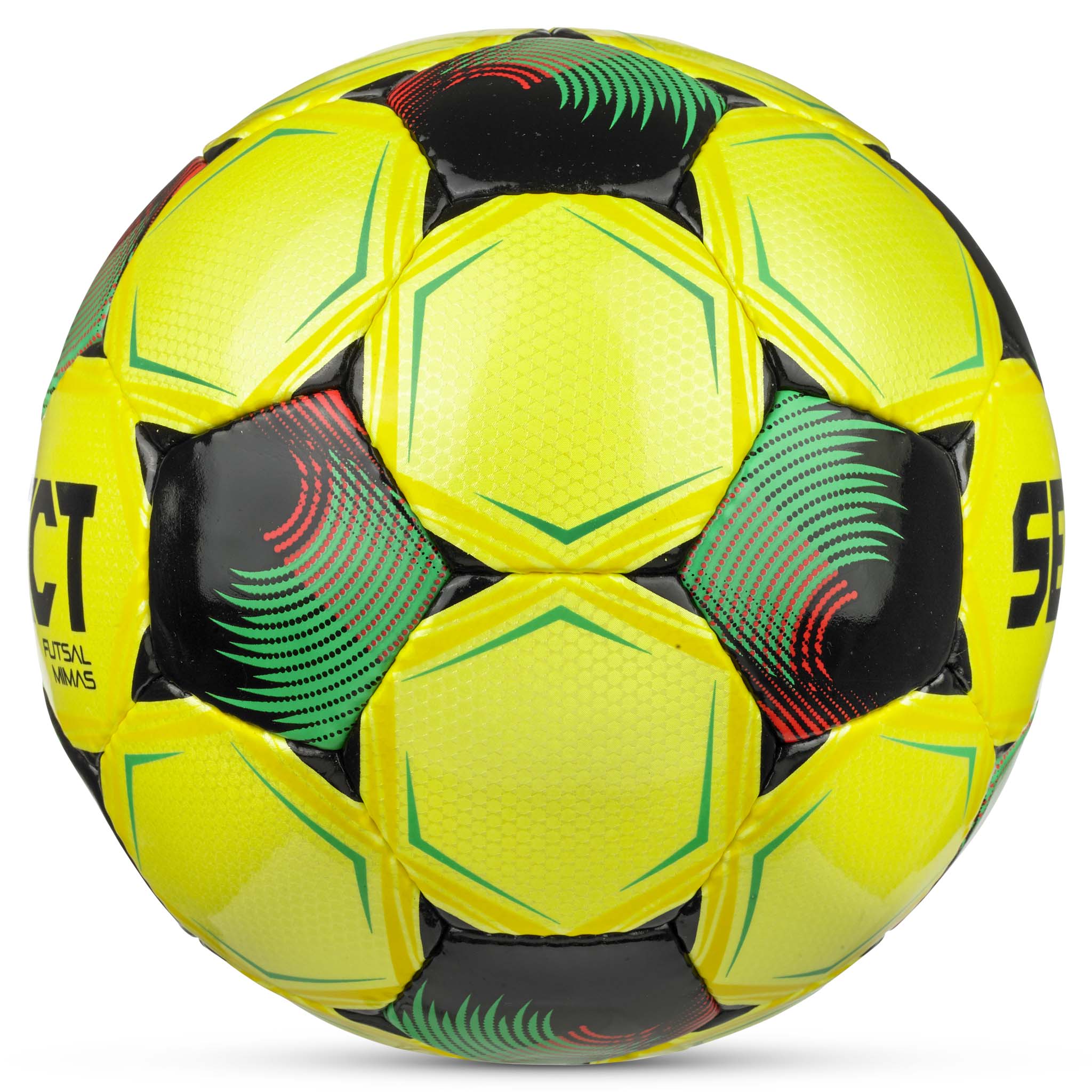 Futsal Mimas v26 football, right-side view, in yellow with green, black and red accents