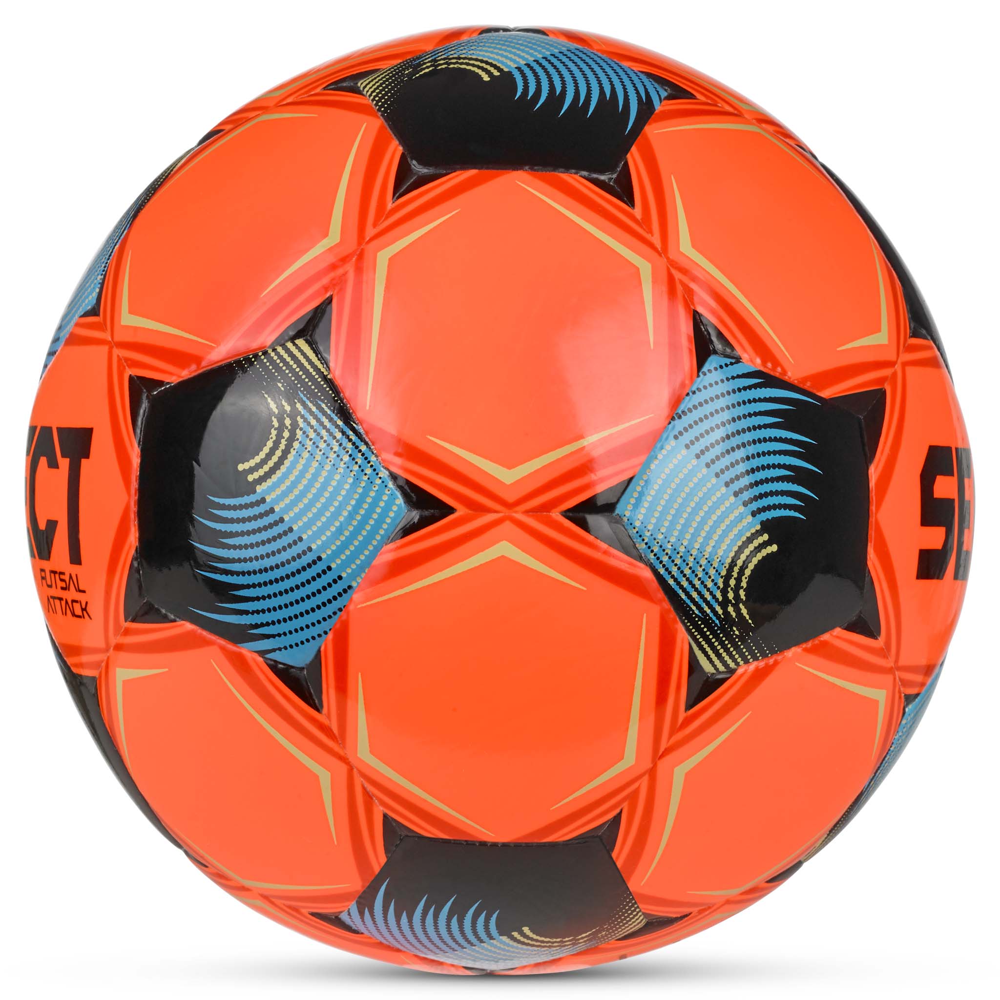 Futsal Attack v26 futsal ball, right-side view, in orange with blue and black accents.