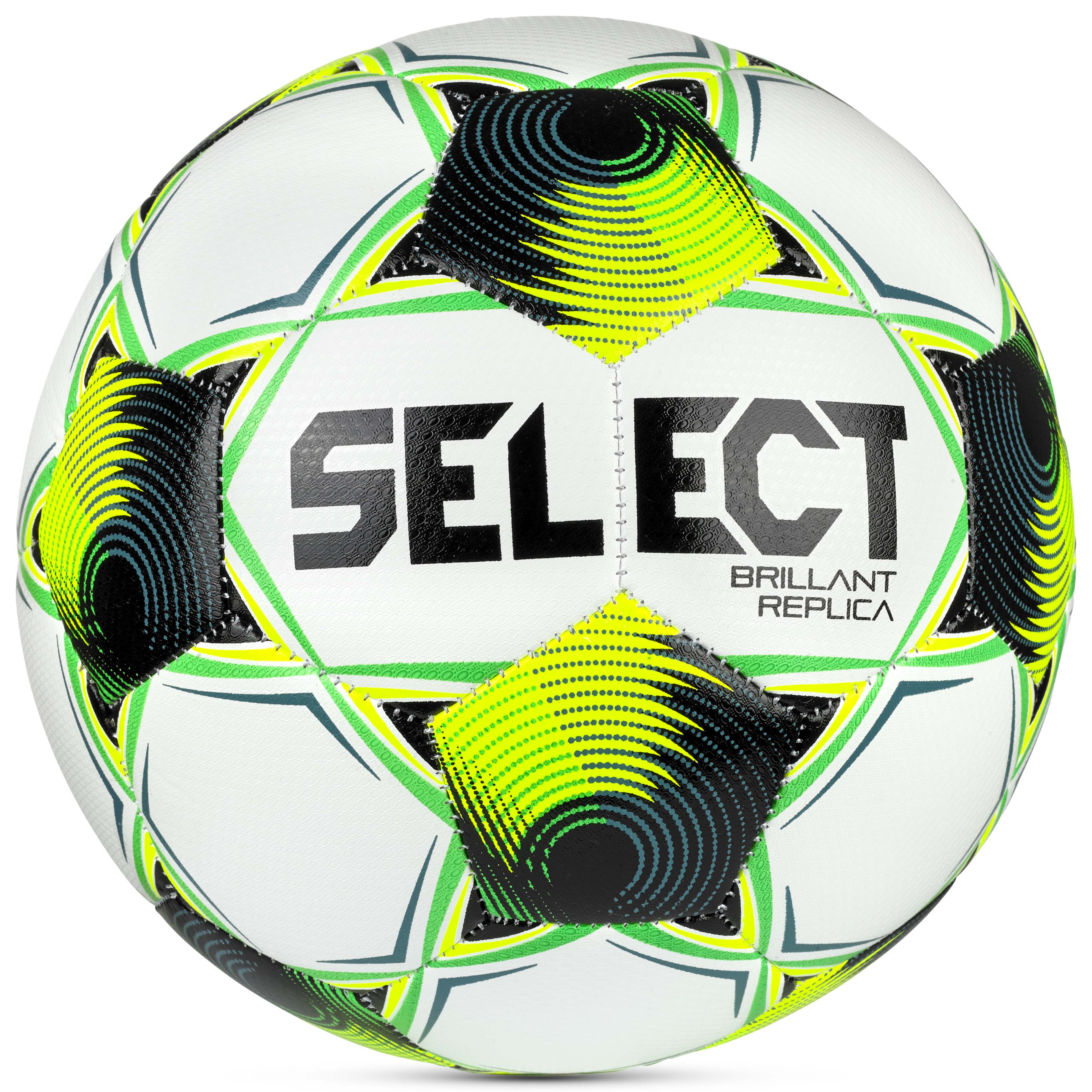 Front view of white, green, yellow and black Brillant Replica 3F Superliga v26 football