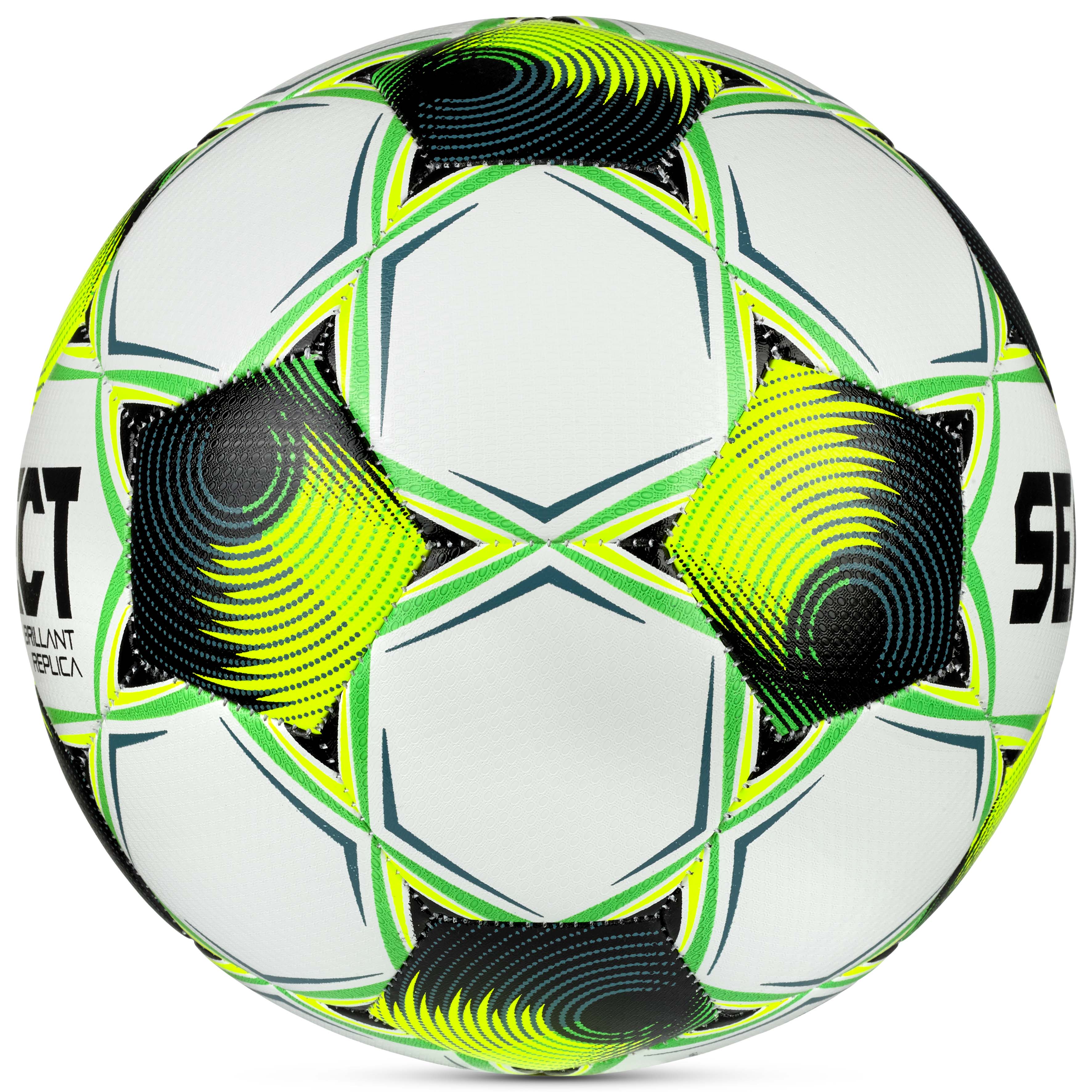 Brillant Replica 3F Superliga v26 football in white, green, yellow and black, right-side view