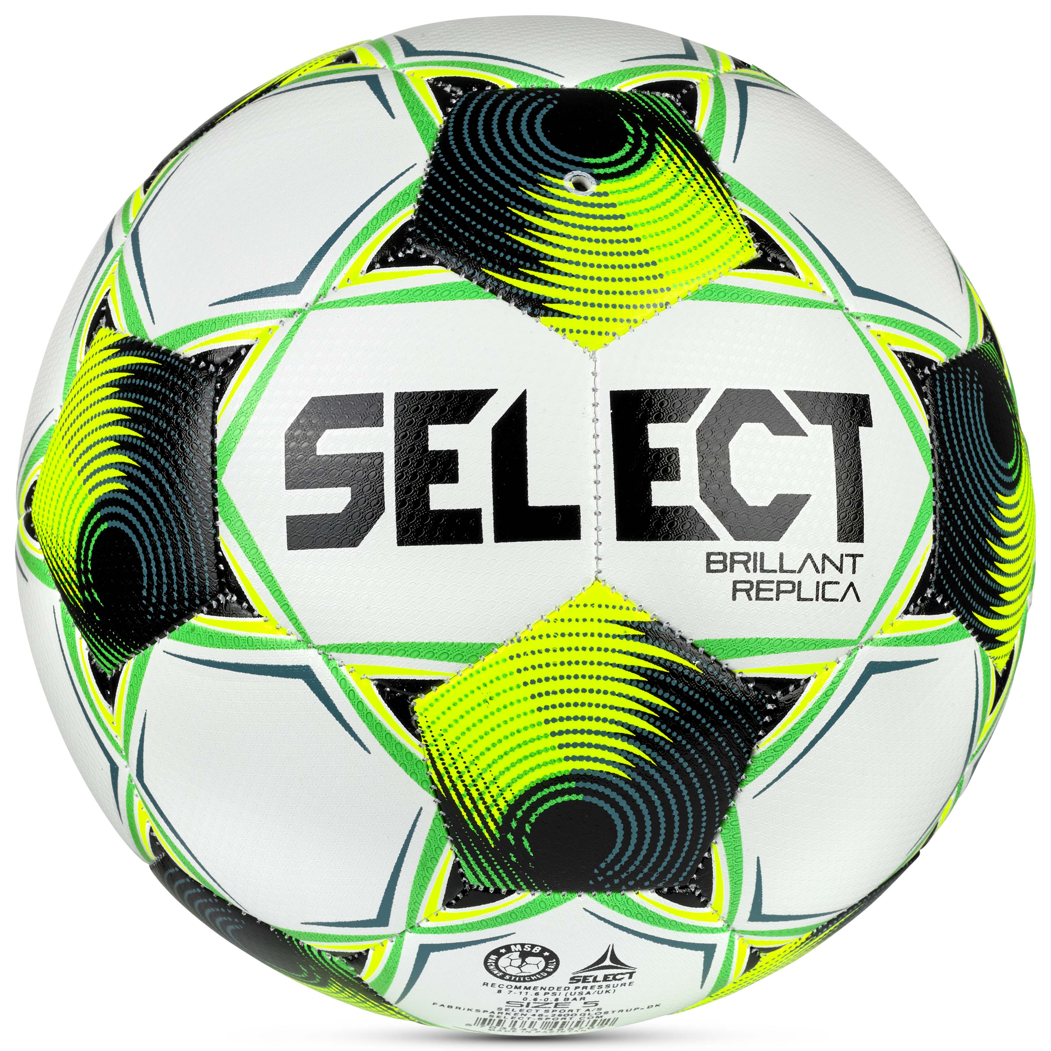 Back page of Brillant Replica 3F Superliga v26 football in white, green, yellow and black colors.