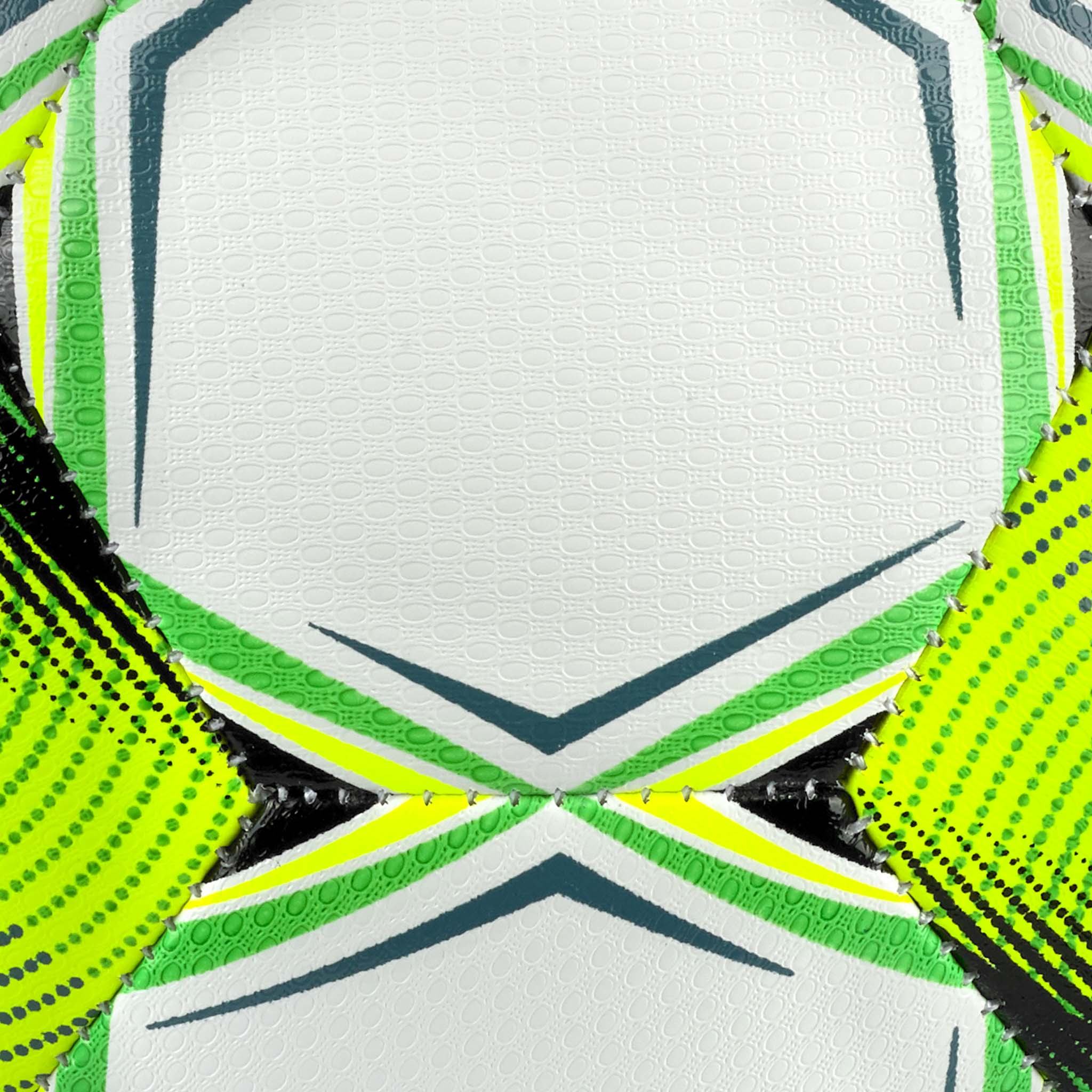 Closeup of Brillant Replica 3F Superliga v26 football, white with green, yellow and dark teal panel details.