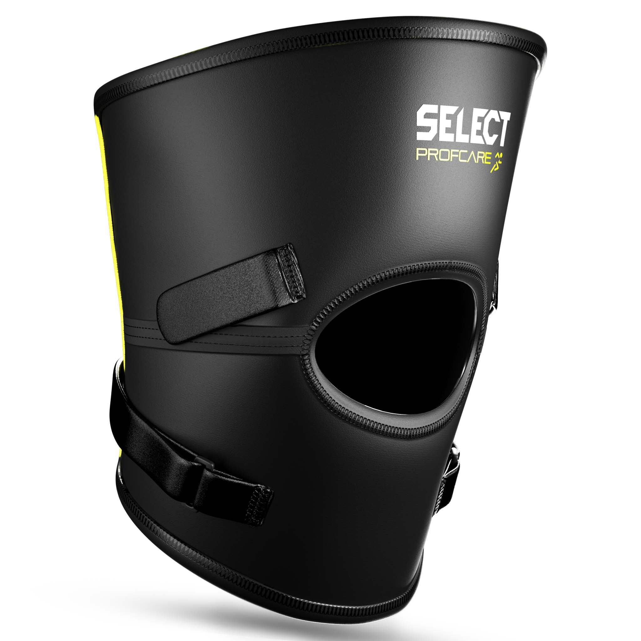 Front view of black Knee support Stabilizer 6207 sports support with yellow accents and adjustable straps.