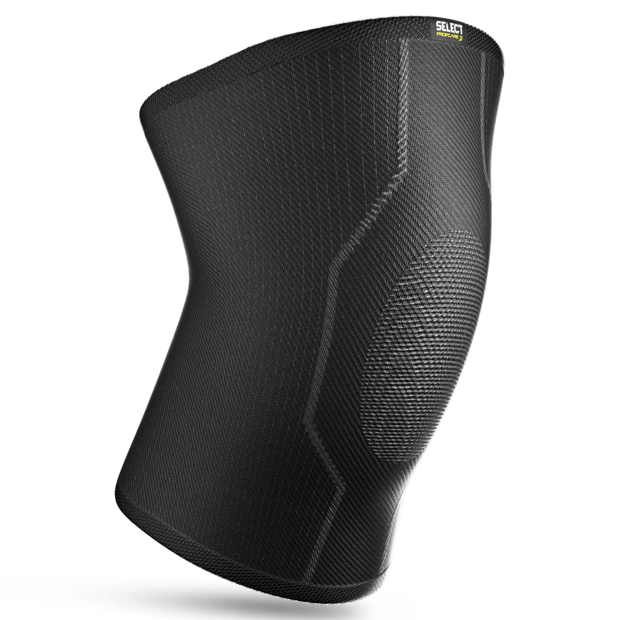 Black Knee support, sports support, front page view with textured elastic fabric.