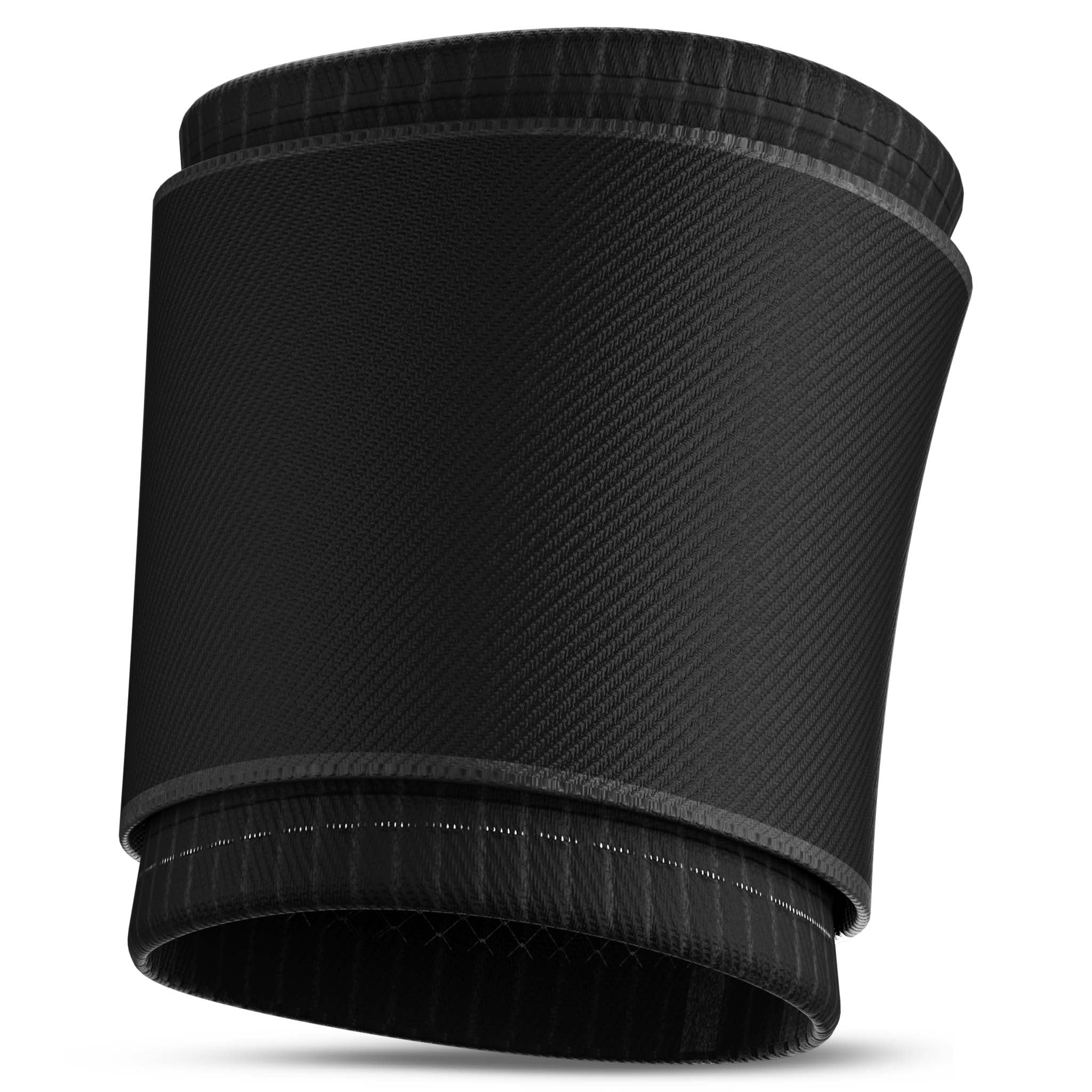 Black elastic Wrist support, sports support, back page view showing textured fabric and stitched edges.