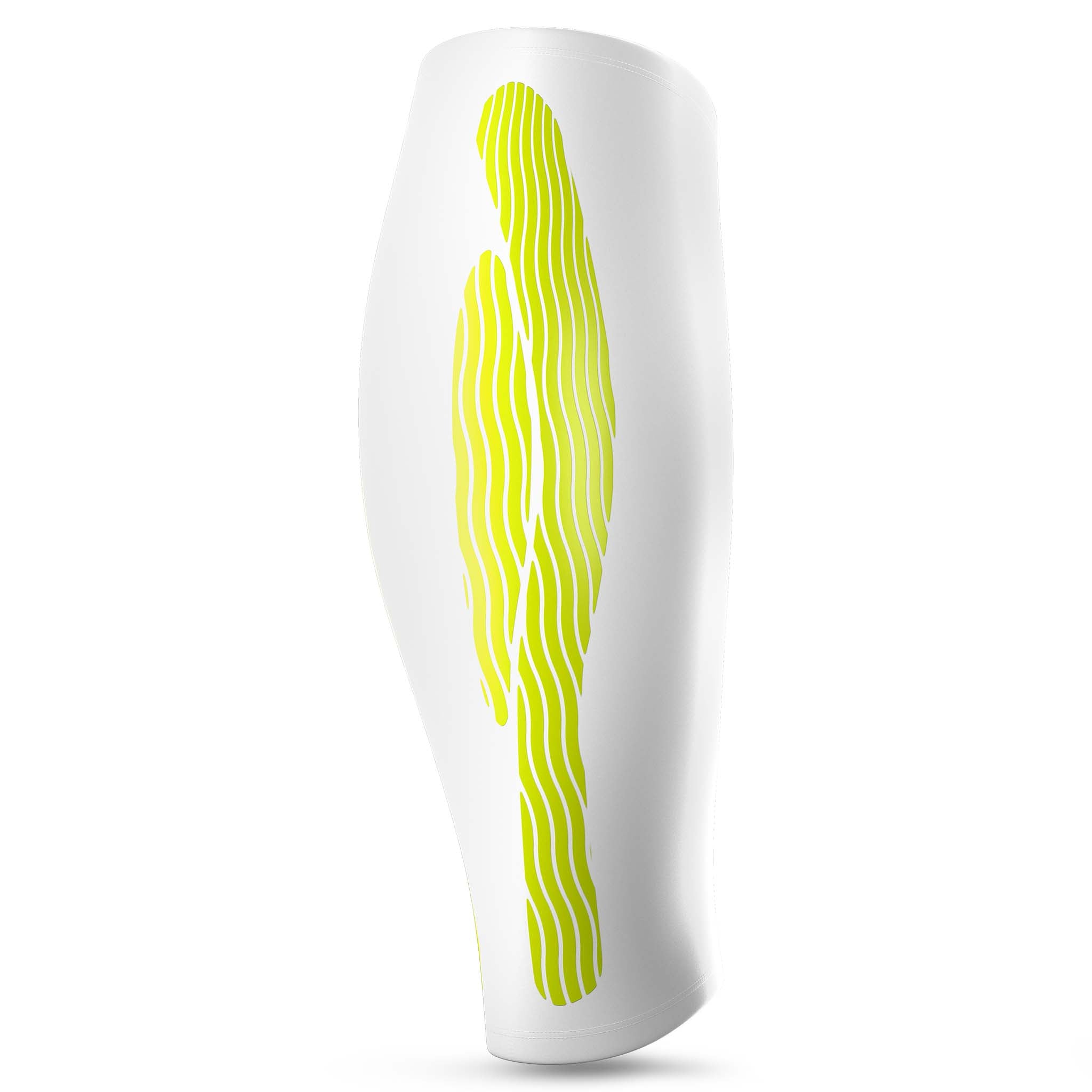 White Compression Calf 6150 sports support, back page, with neon yellow kinesiological wave pattern.