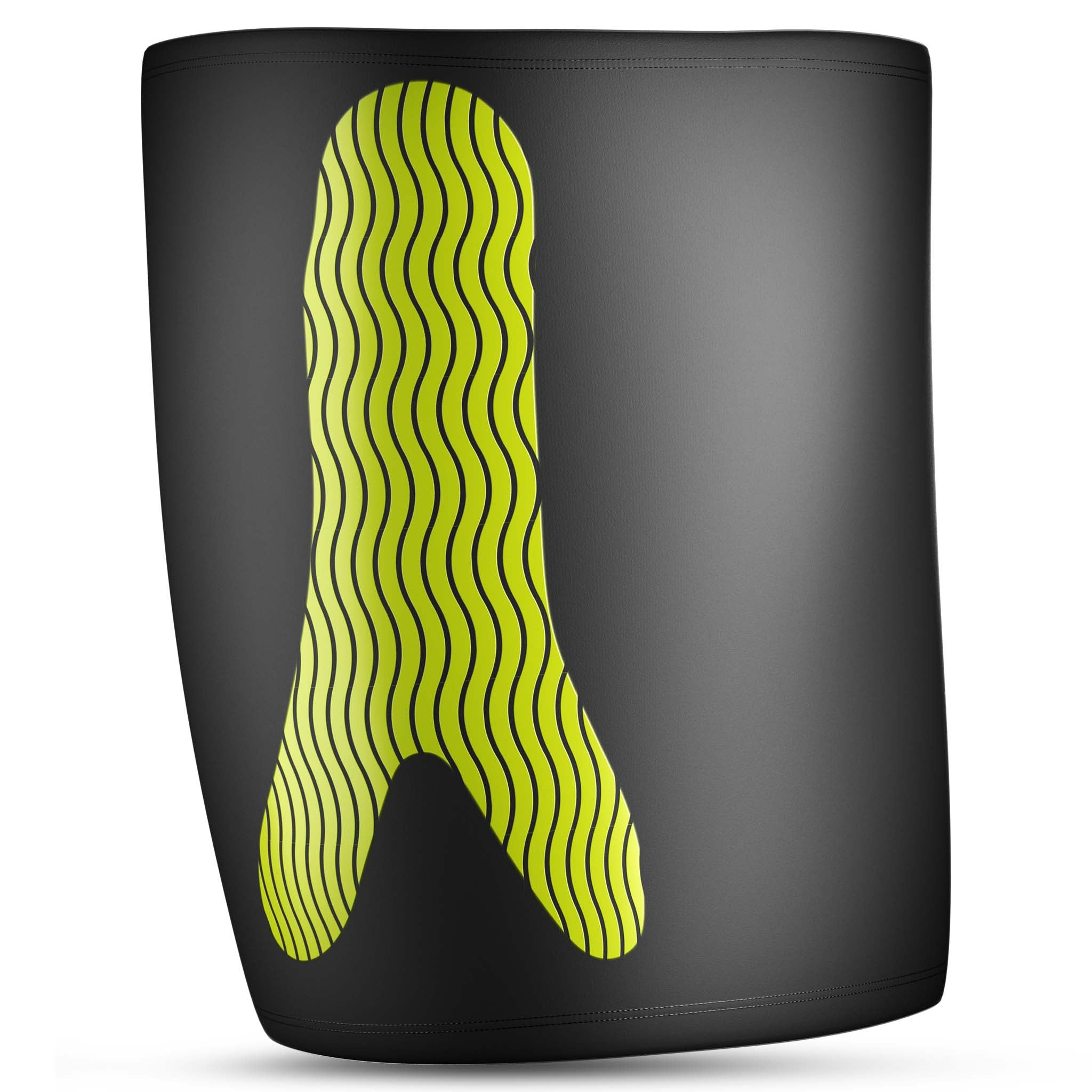 Black Compression thigh support 6350, sports support, back page with green wavy kinesiological panel.