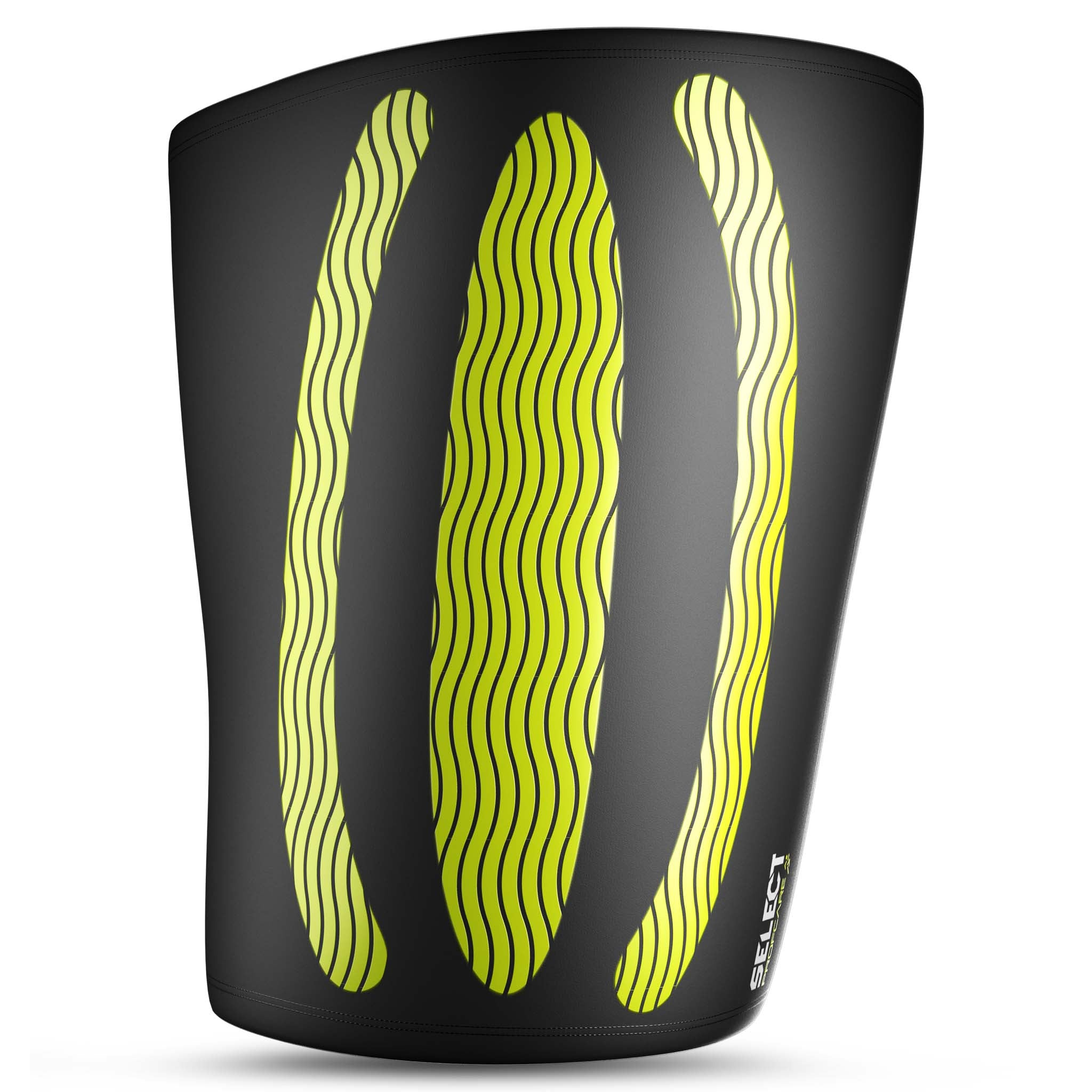 Black Compression thigh support 6350 with yellow wavy lines, front page. Sports support.