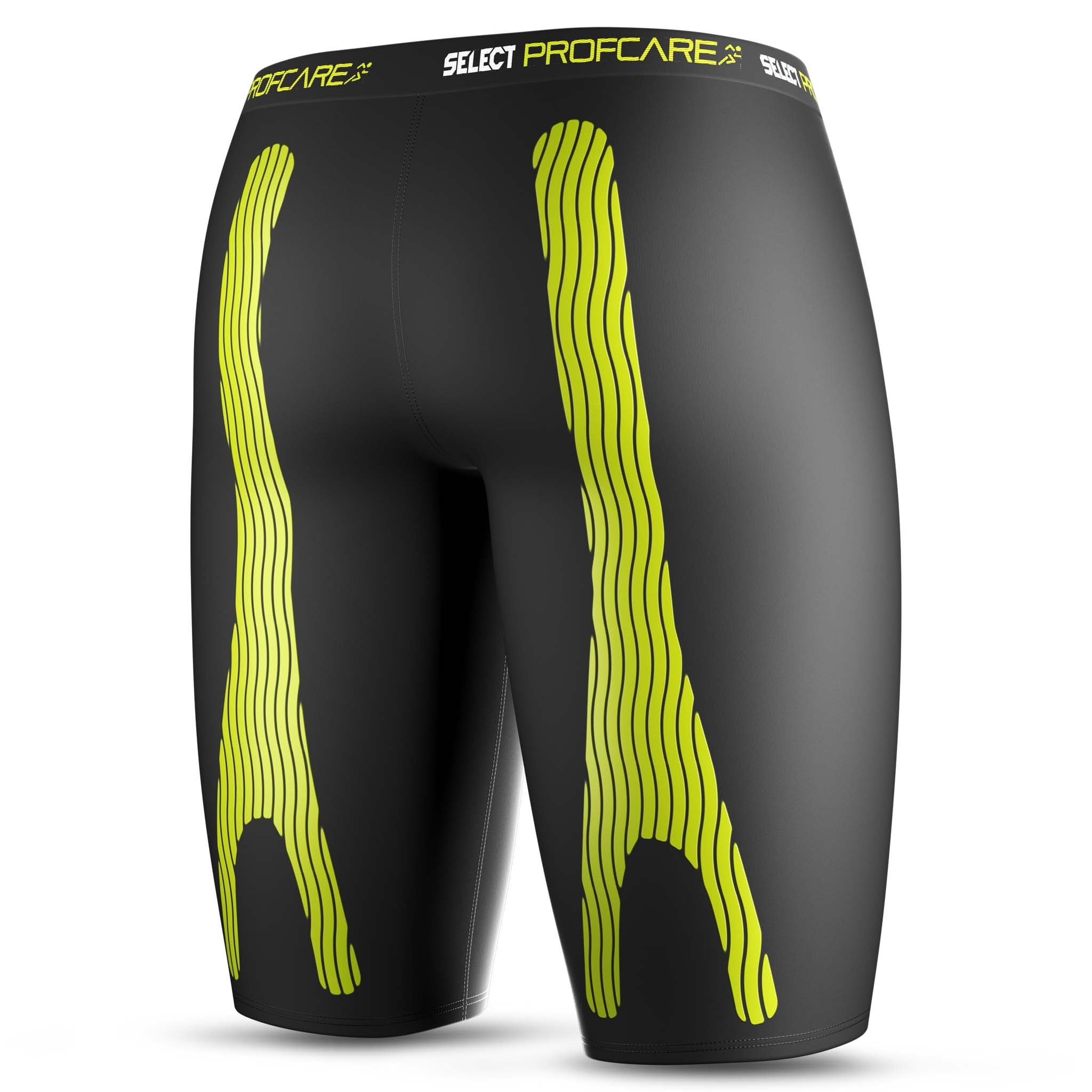 Black Compression shorts 6407 with yellow kinesiological taping, sports support, back page view