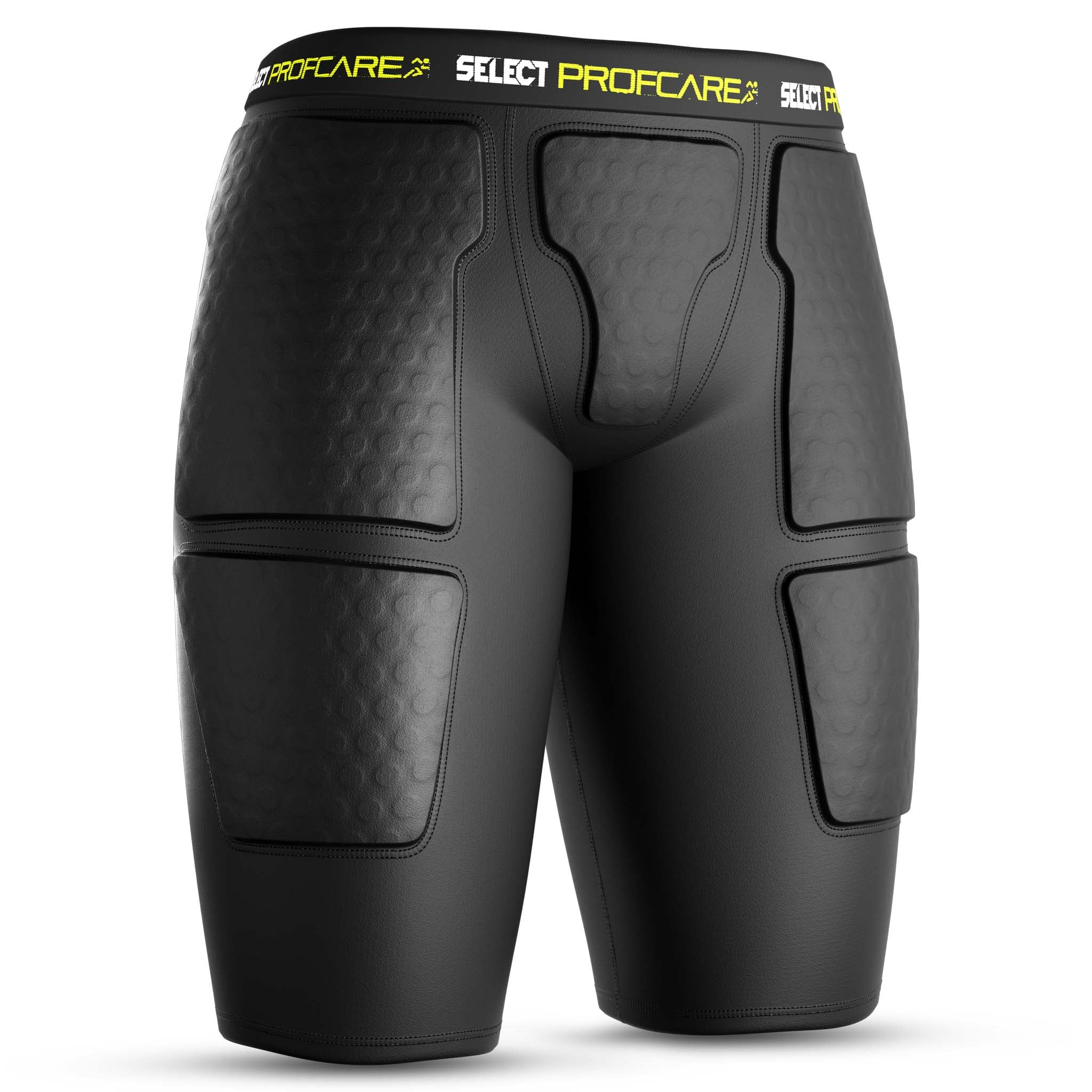 Black Compression shorts w/pads 6421, sports support, front page view with yellow Select branding.