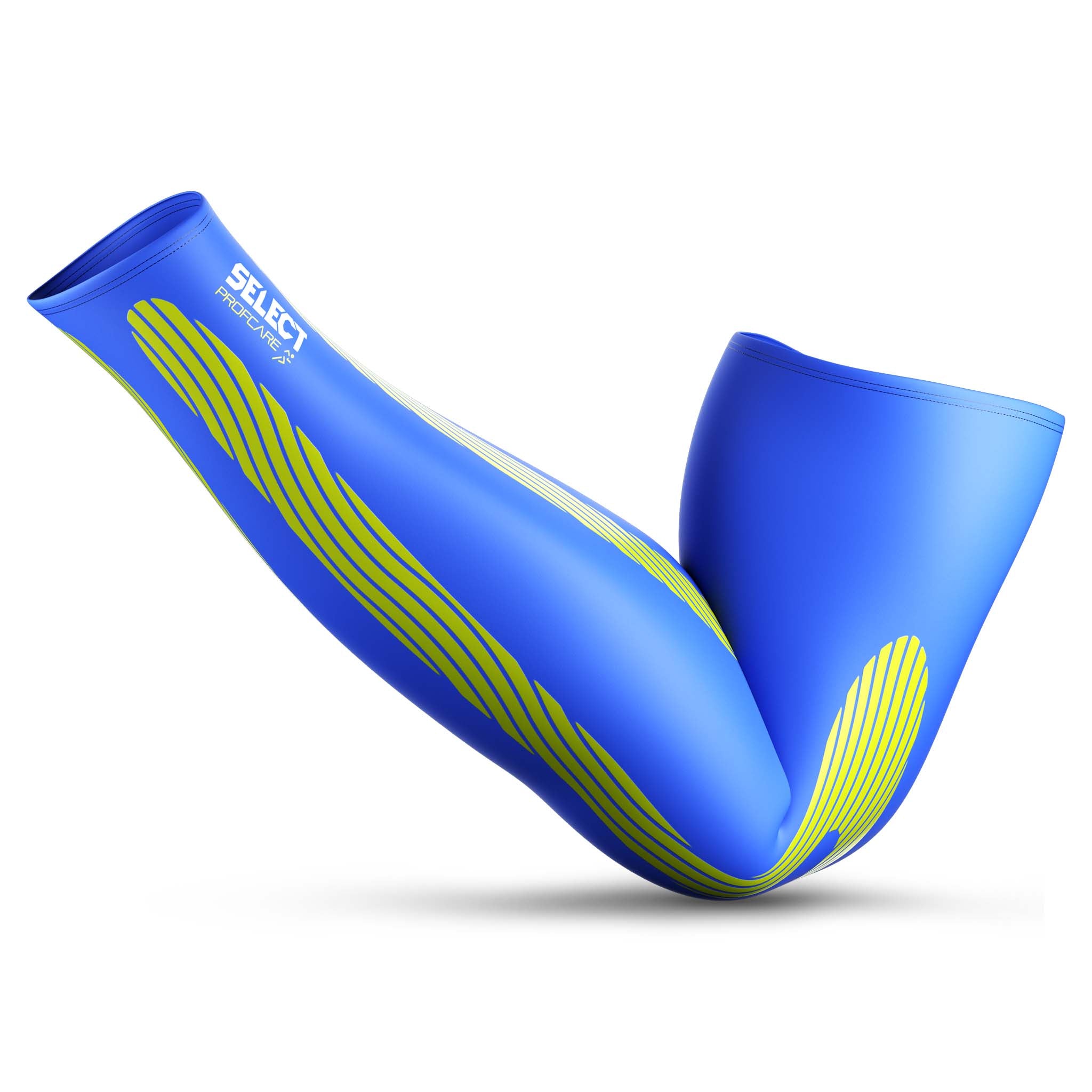 Front page of blue Compression arm sleeves 6610, sports support, with green kinesiological lines.