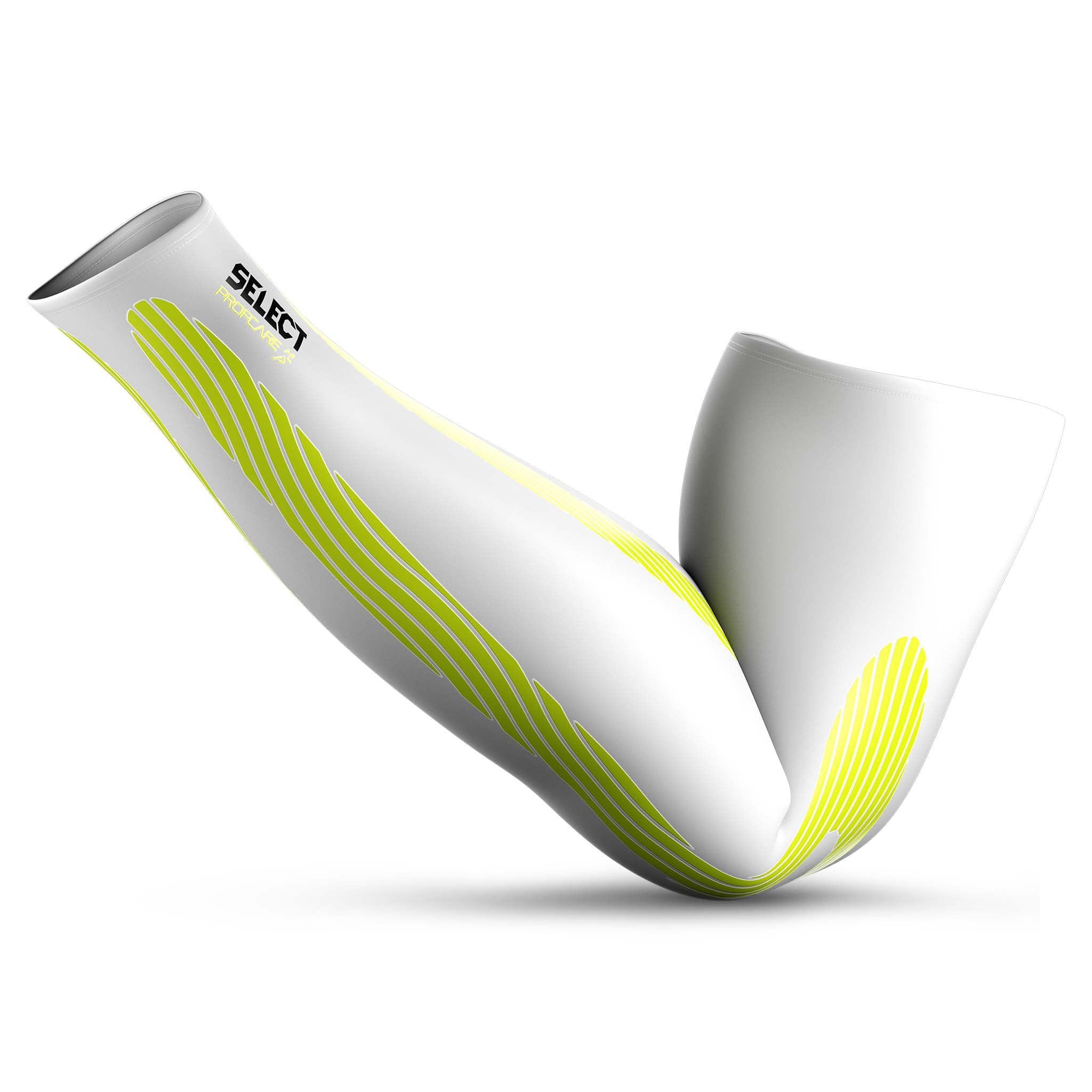 Front page of white Compression arm sleeves 6610 with green detailing, sports support