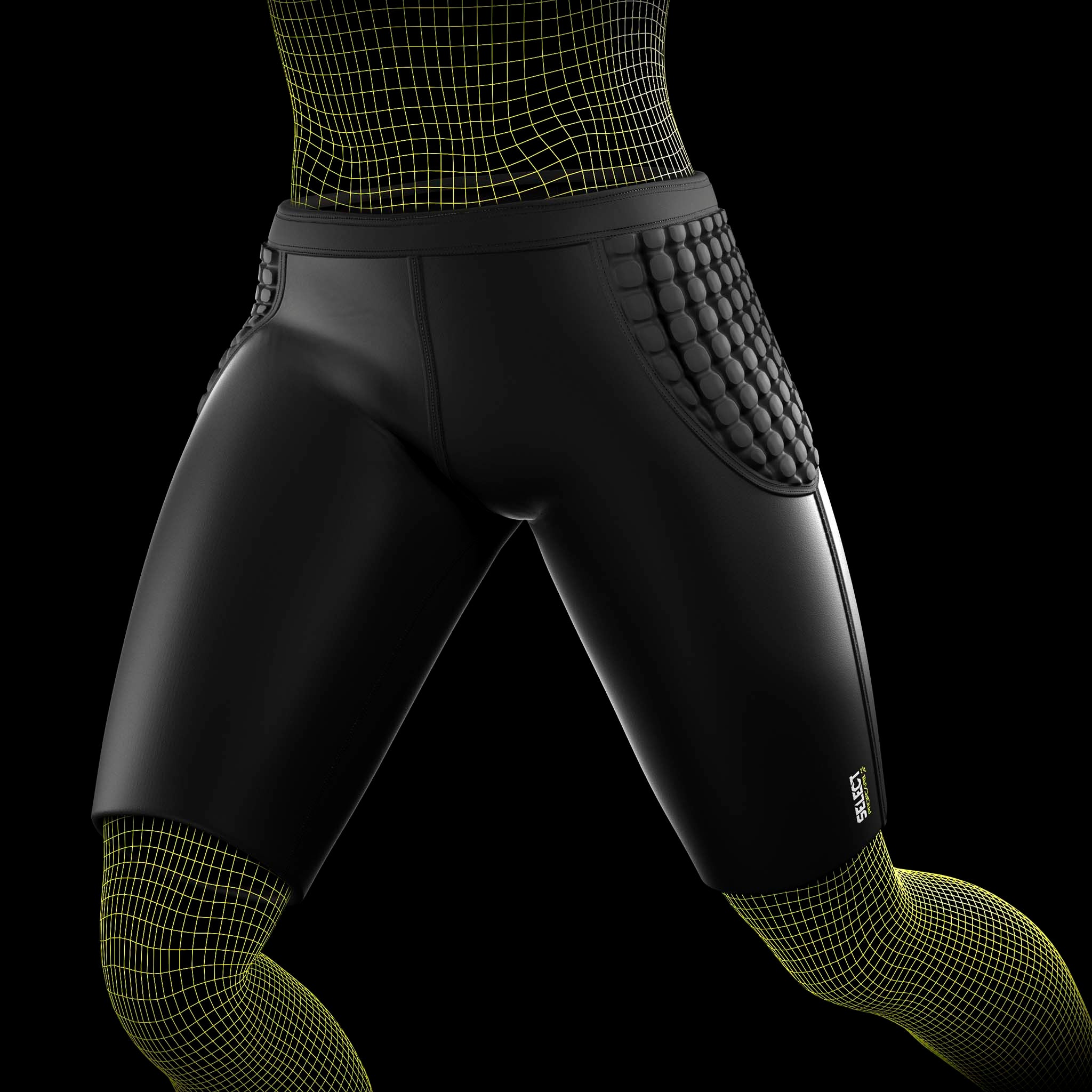 Black Goalkeeper pants 6420 with padded hip protection, sports support worn by a male football player, front view