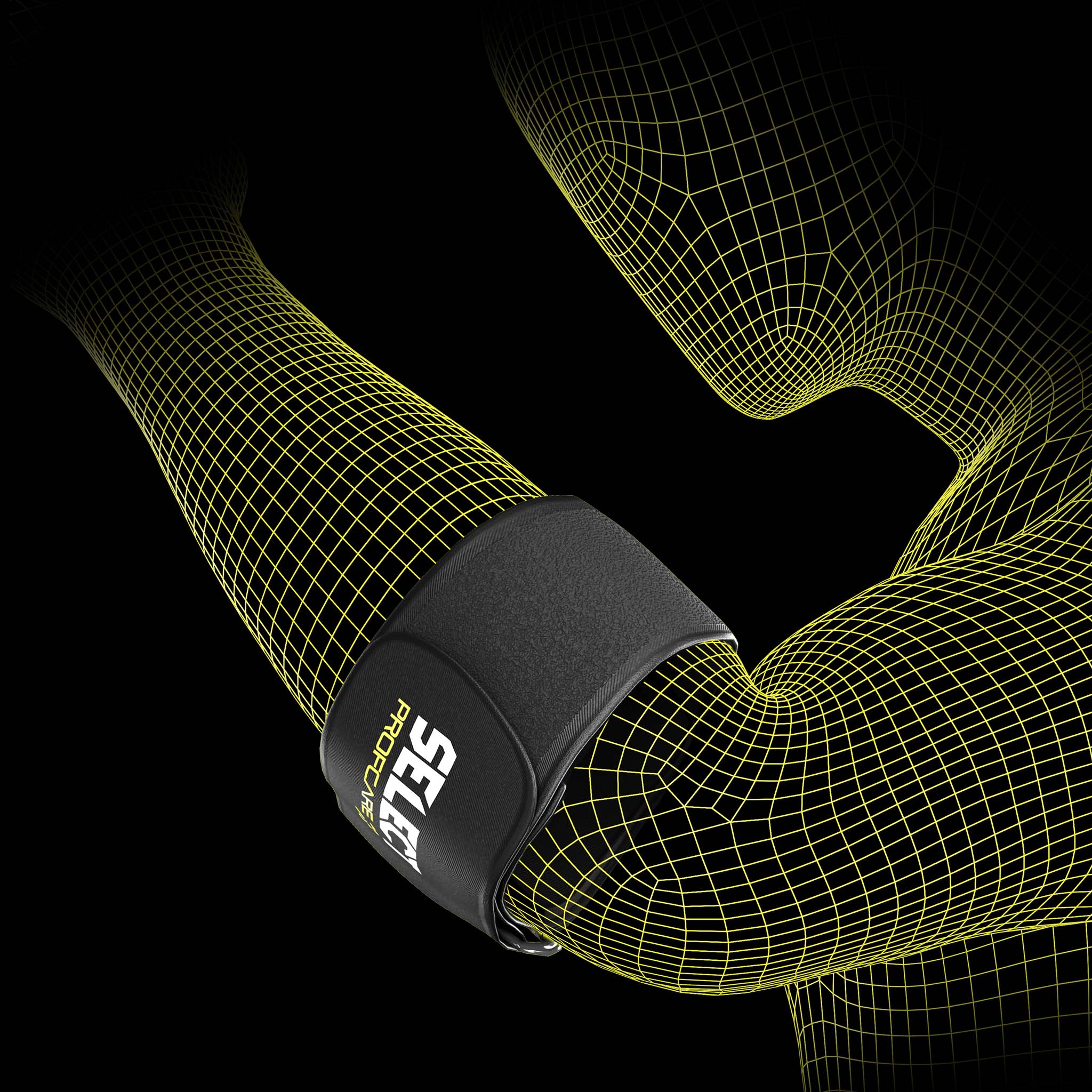 Black Tennis elbow-caps sports support worn on arm, model shot of a football player
