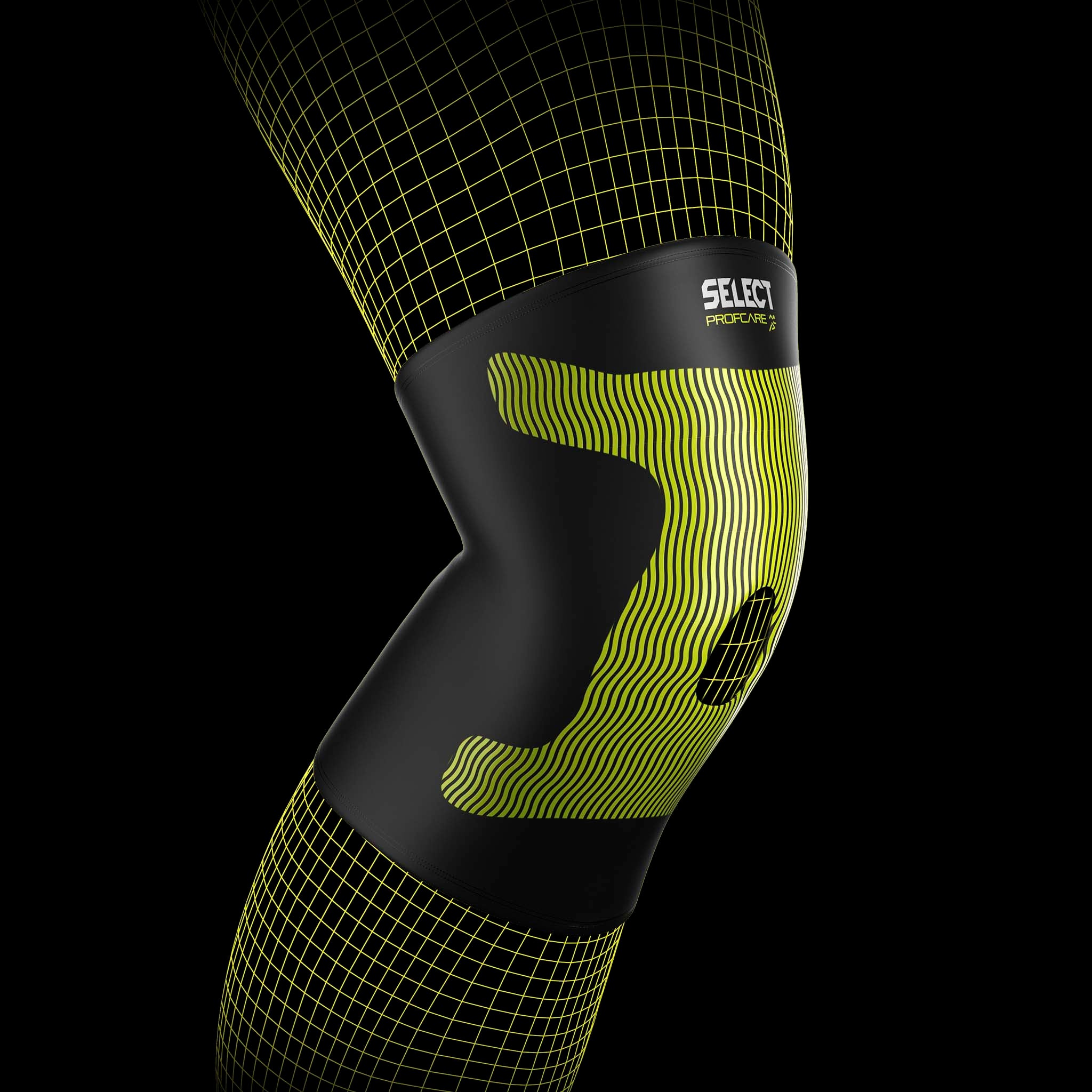 Black and yellow Compression knee support 6252, sports support, on a leg showing kinesiological effect