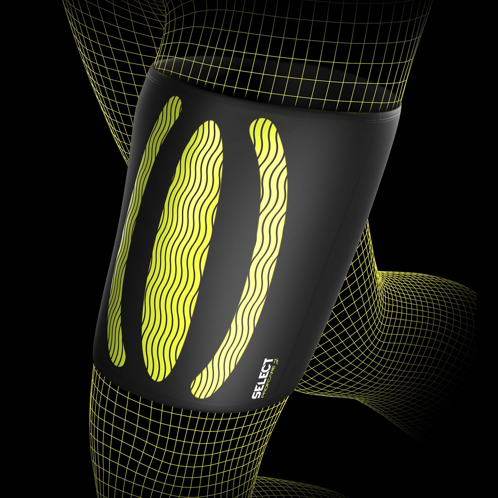 Black Compression thigh support 6350 with yellow design, sports support, closeup on football player's thigh