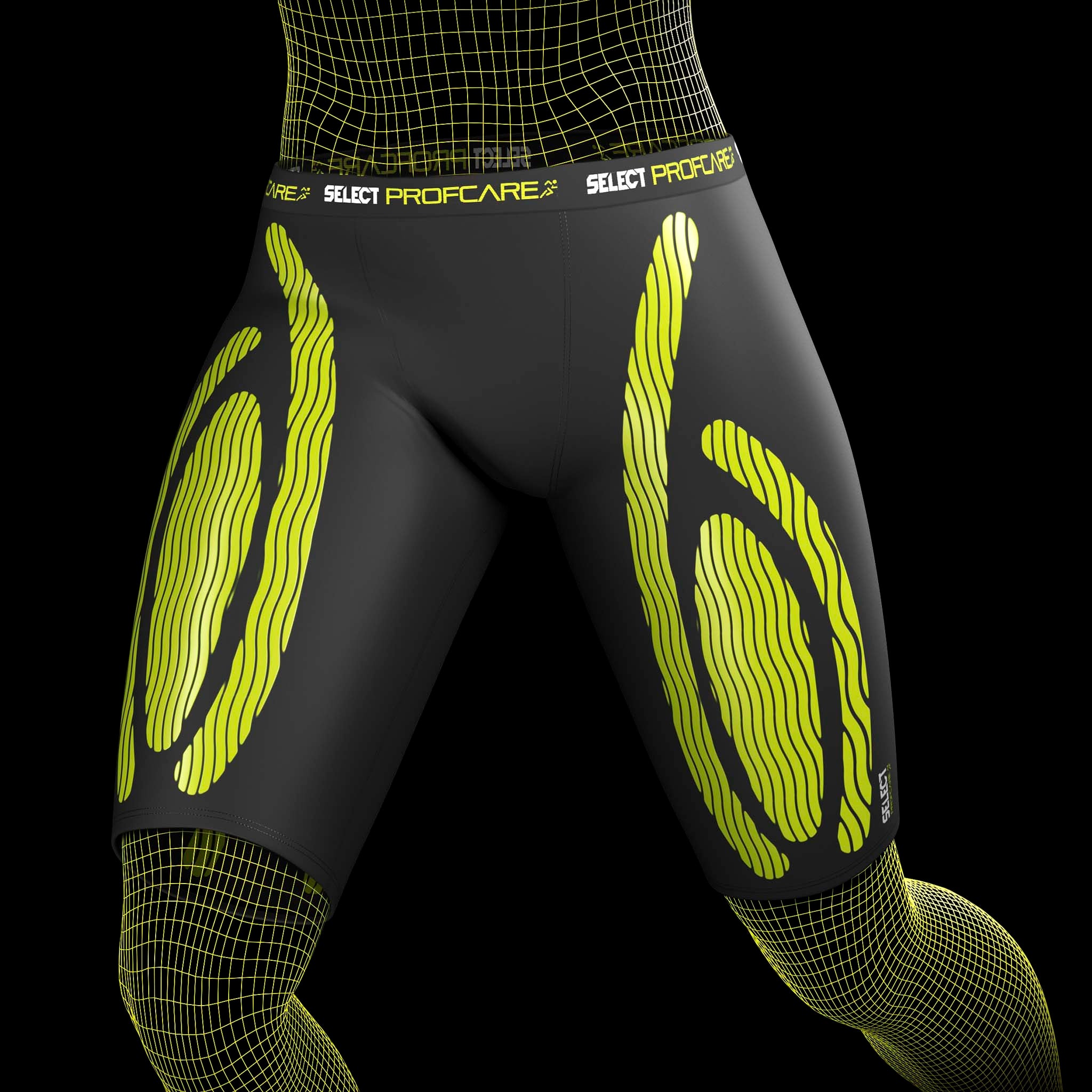 Black and yellow Compression shorts 6407, sports support, front view on football player model