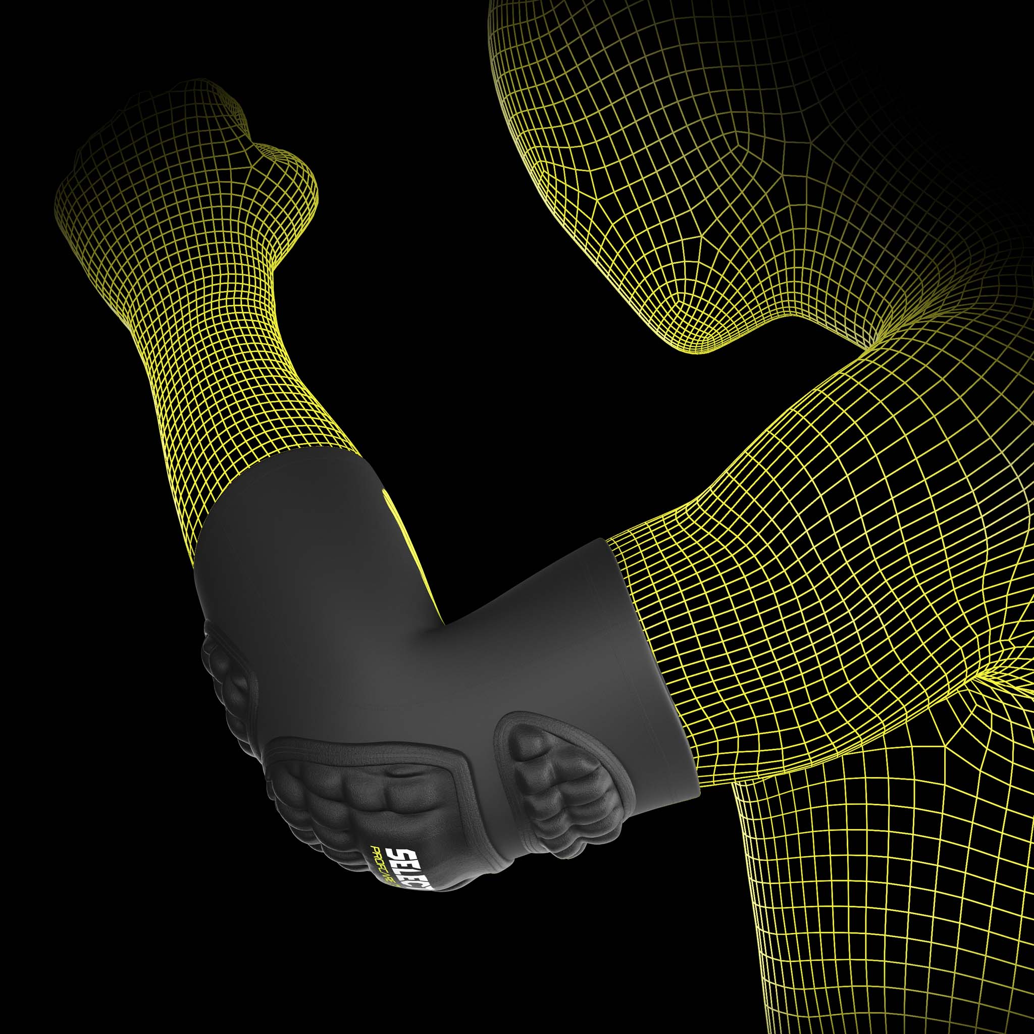 Black Compression elbow support 6650, sports support, on handball player model with padded protection