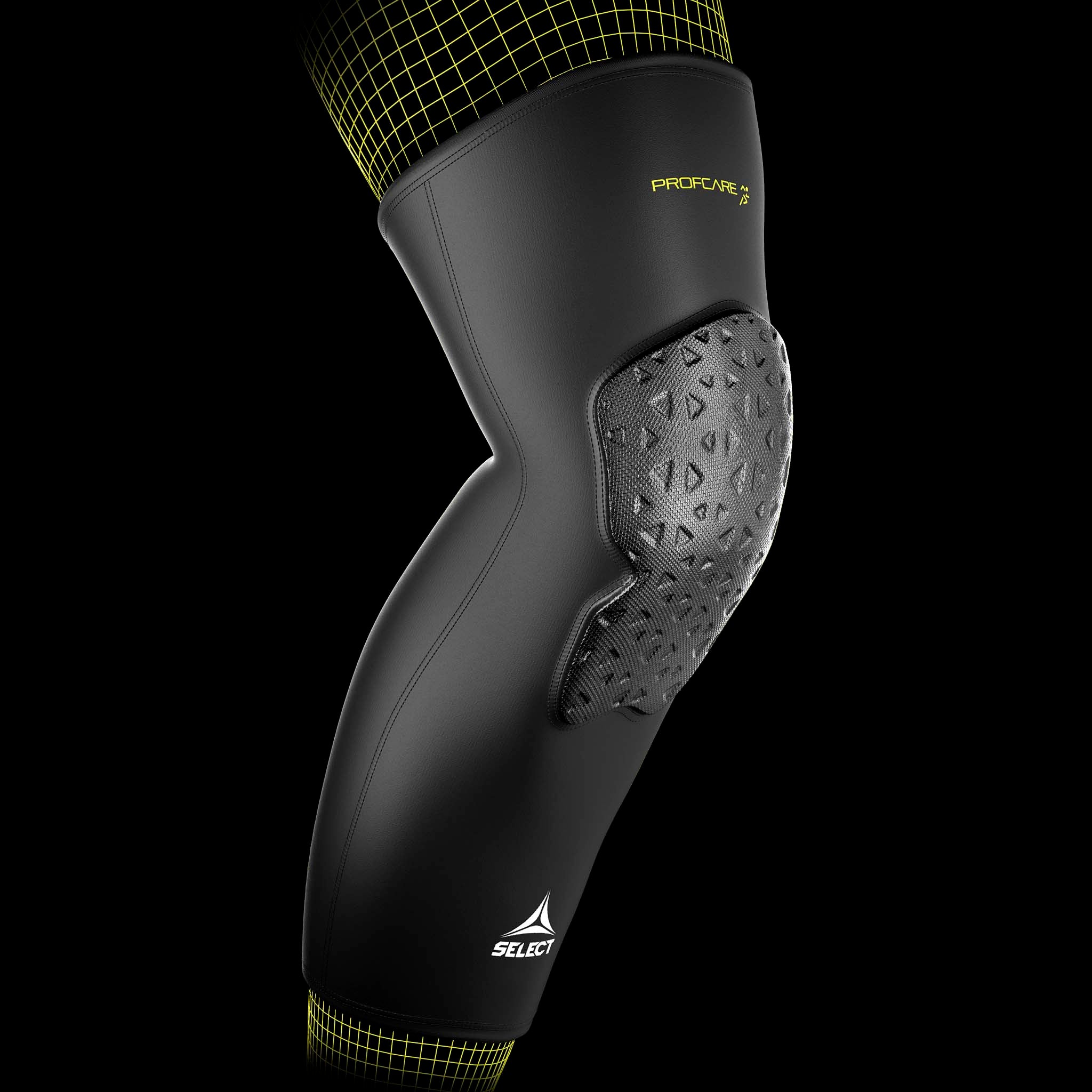 Black Compression knee support long 6253, Sports support, worn by a football player, model shot