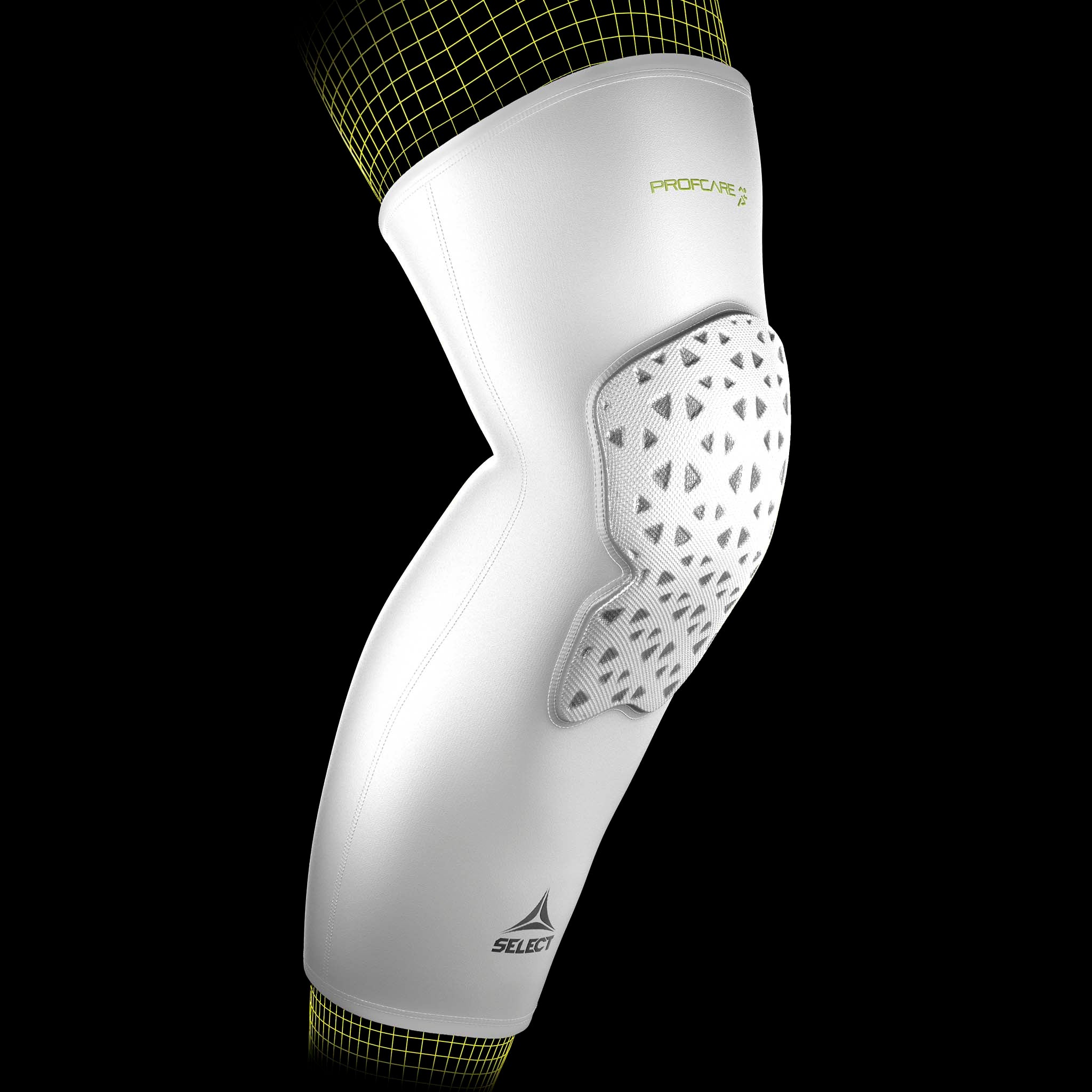 White Compression knee support long 6253, sports support with padded knee panel, worn on leg by football player.