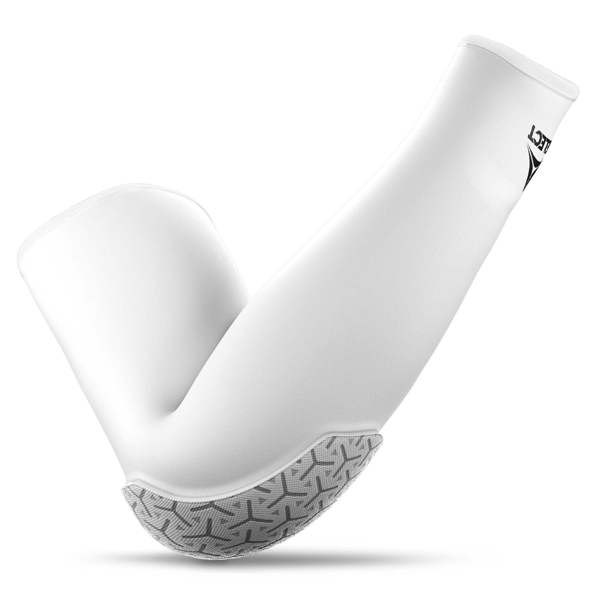 White Compression elbow support long 6652, sports support, back page with grey patterned padding.