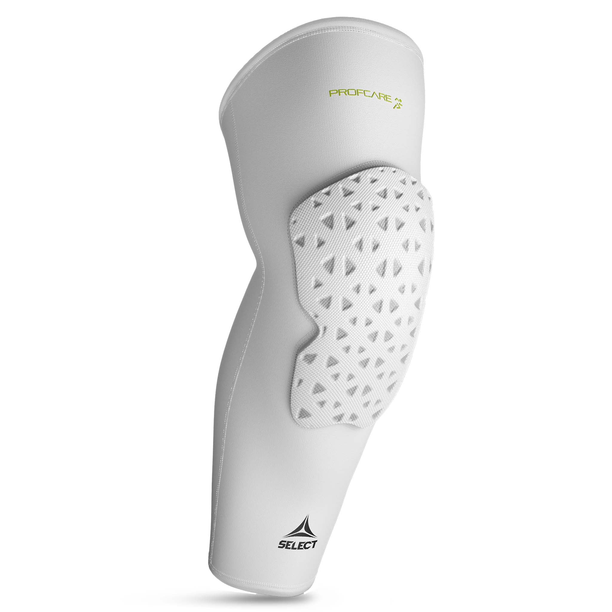 White Compression knee support long 6253, sports support, front page view with padded panel.