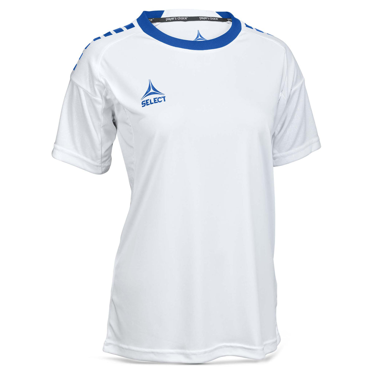 Front page of white and blue Player shirt S/S Spain woman v25, Match & Training wear football.