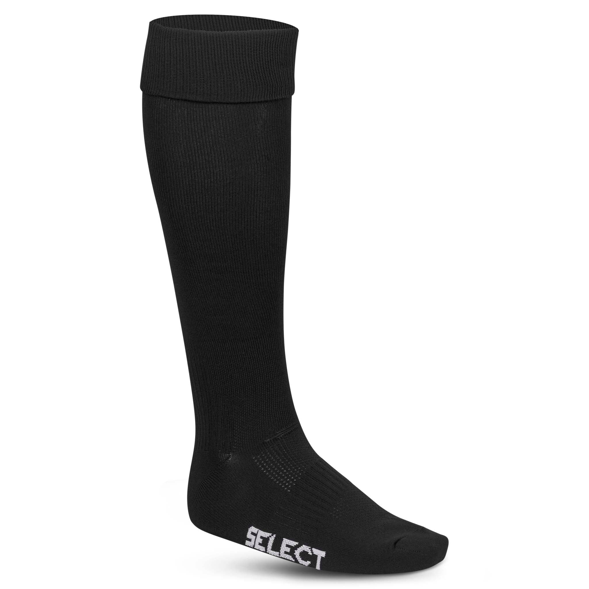 Front view of black Football socks Club v22 accessories with white Select logo.
