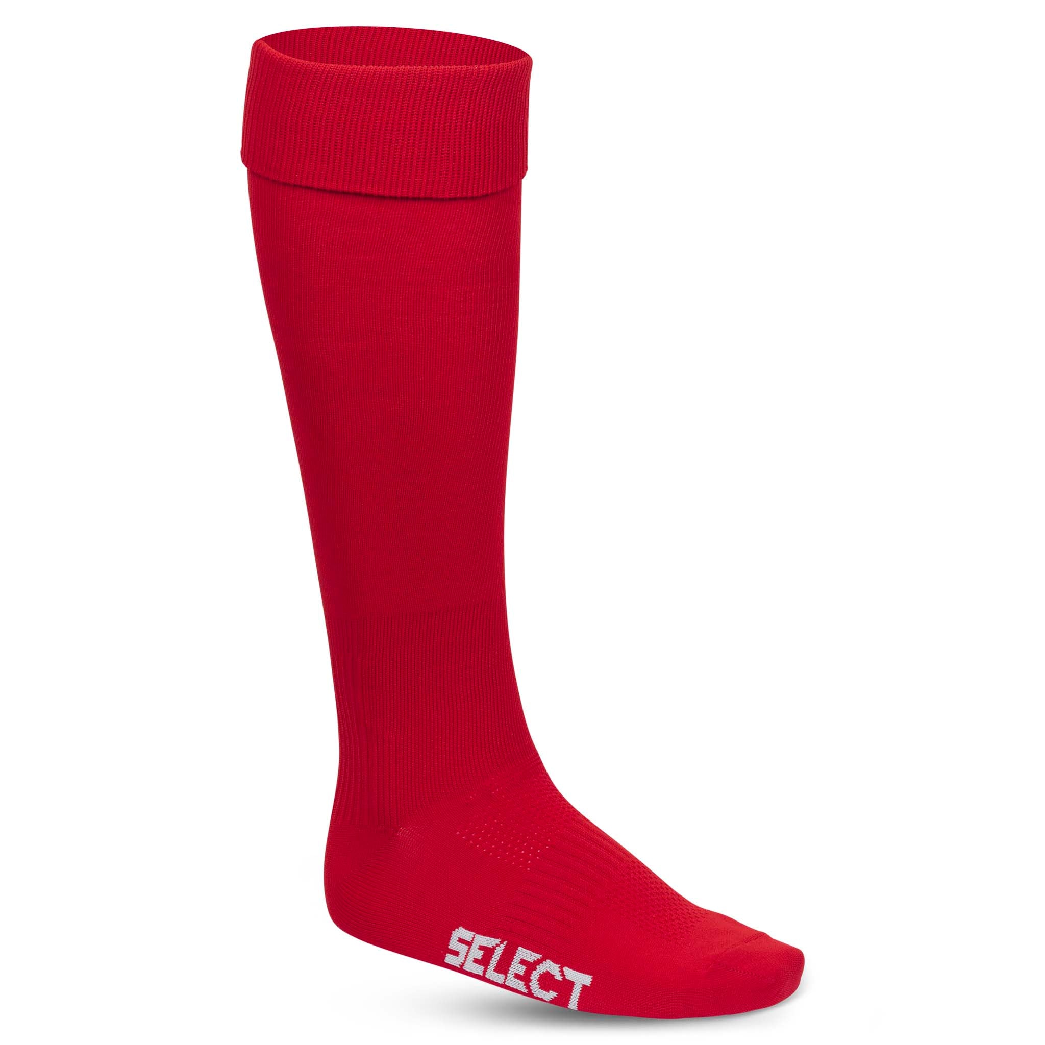 Front page of red Football socks Club v22 accessories with white Select logo.