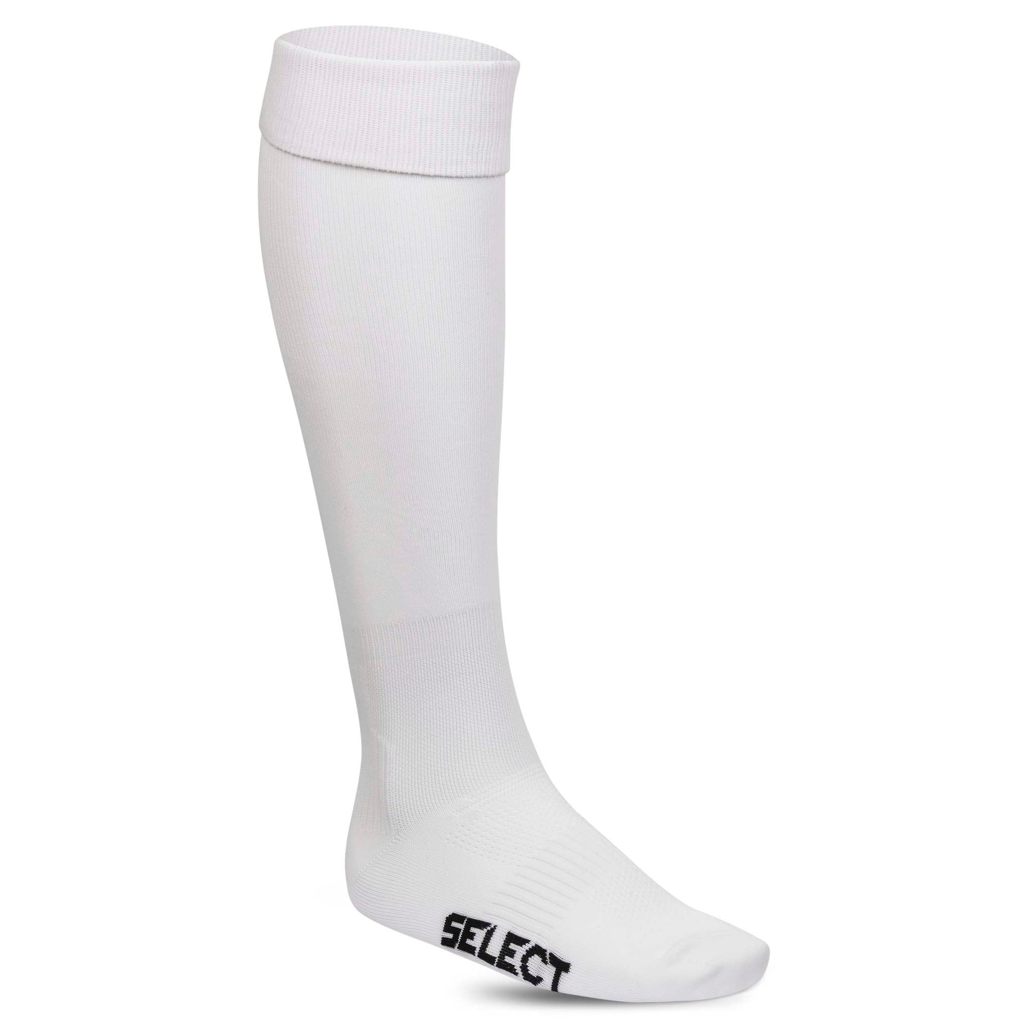 Football socks Club v22 in white, front view. Accessories with black Select logo on foot.