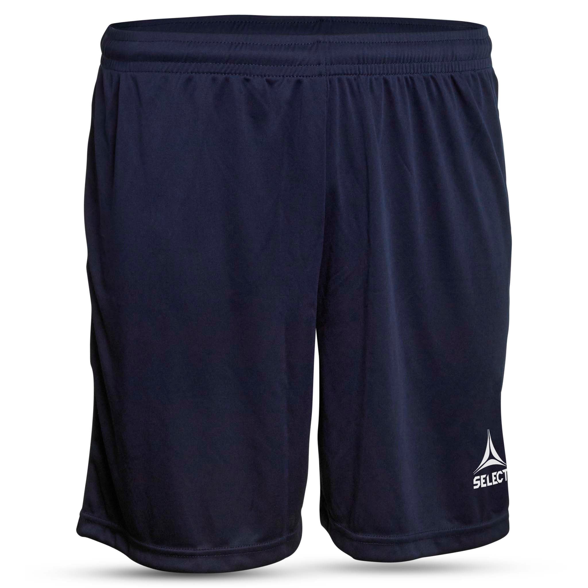 Front view of navy blue Pisa player shorts from Match & Training wear, with white Select logo on leg.