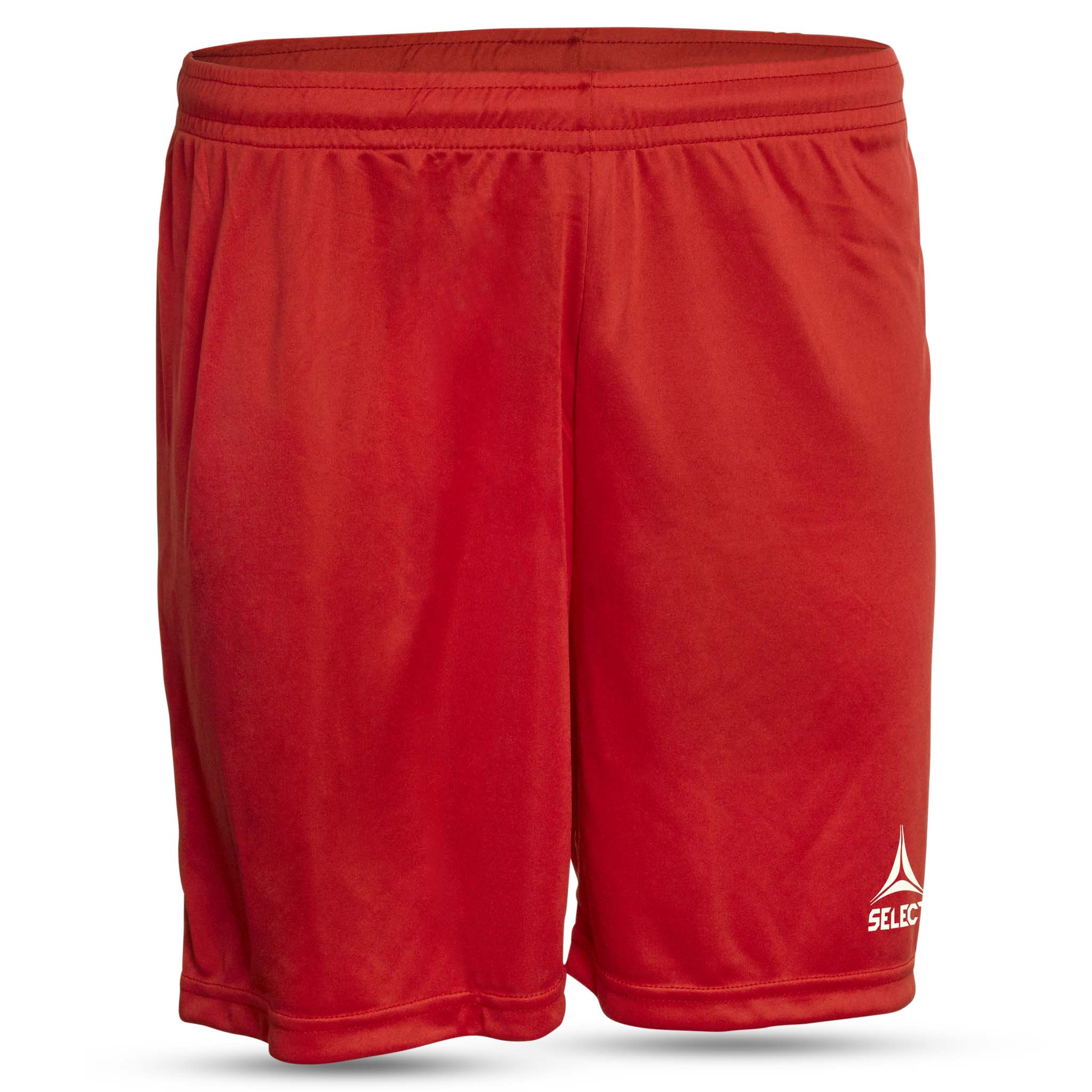Front page of red Pisa Player Shorts, football match & training wear, with white logo on lower leg.