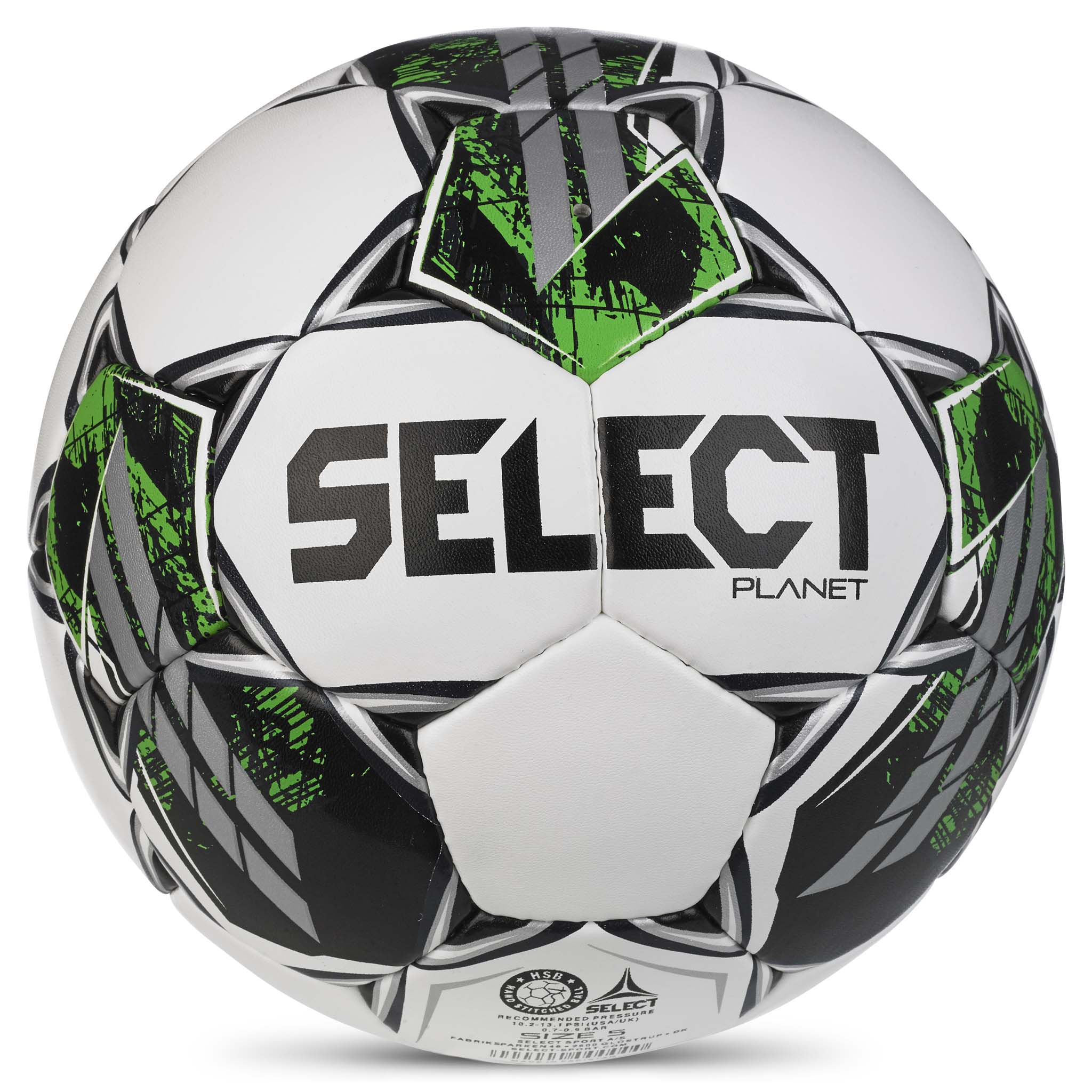 Planet v23 football in white, green, black and grey. Back page view of the Select ball.