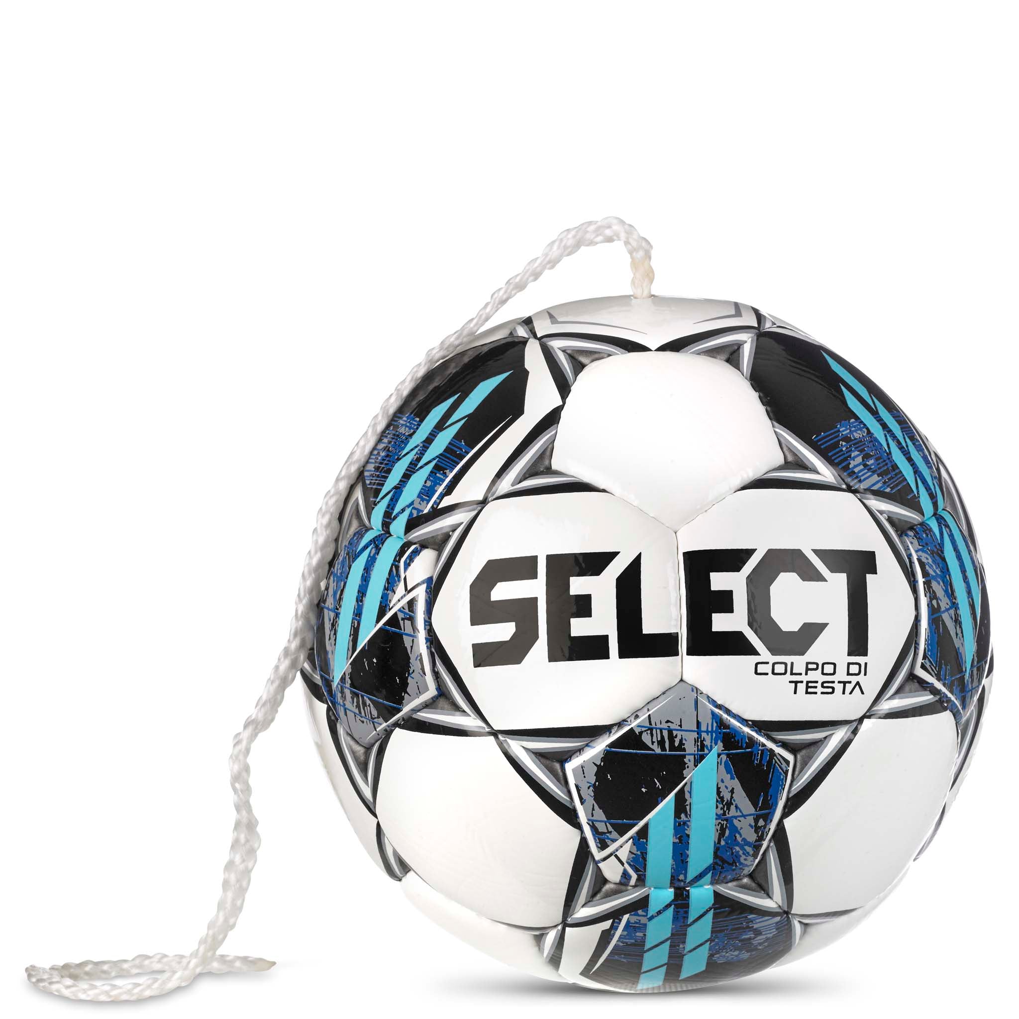 Colpo Di Testa v23 football in white, blue and black on a cord, front page view.