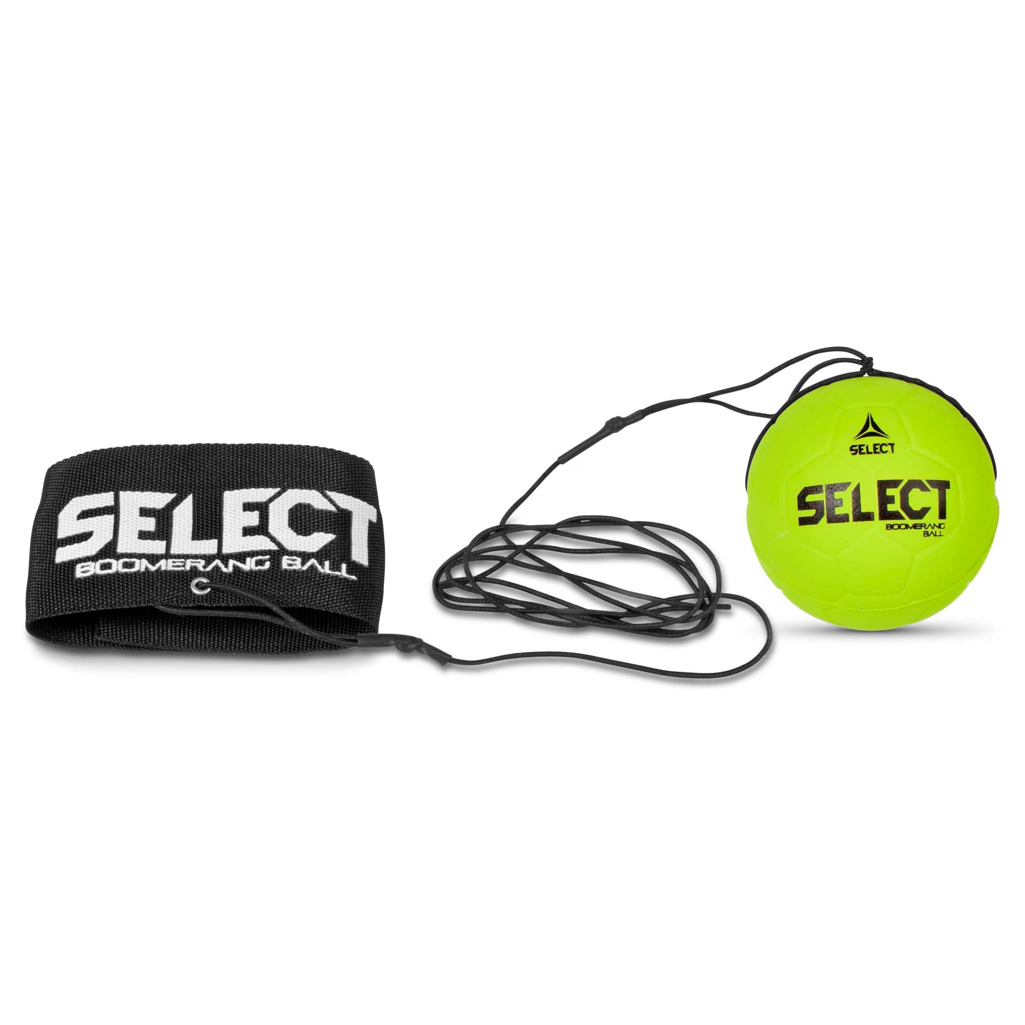 Boomerang Ball Select v23, Other balls. Neon yellow ball with cord and black wrist strap. Front page.