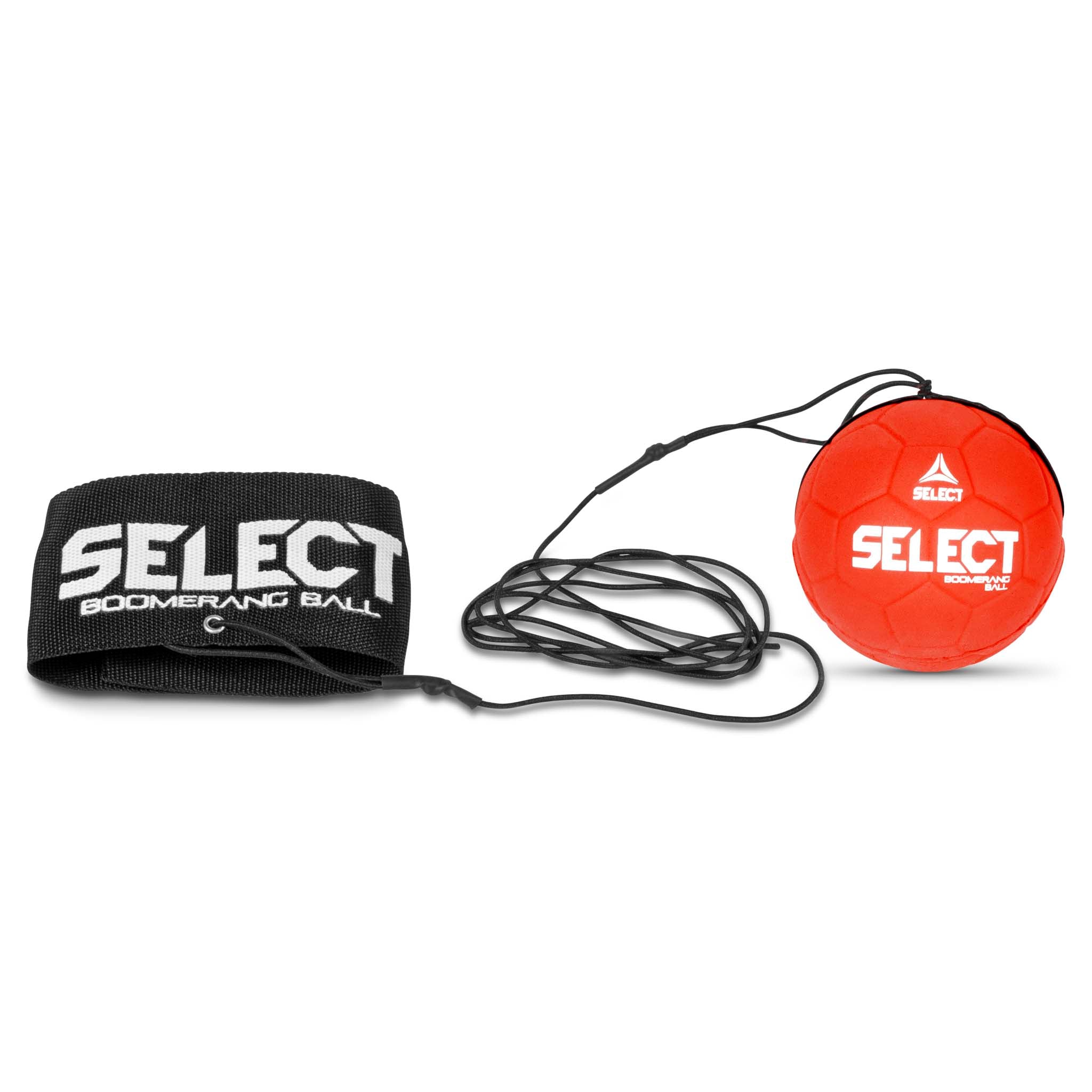 Boomerang Ball Select v23, Other balls. Red ball with black cord and black wrist strap, front view.