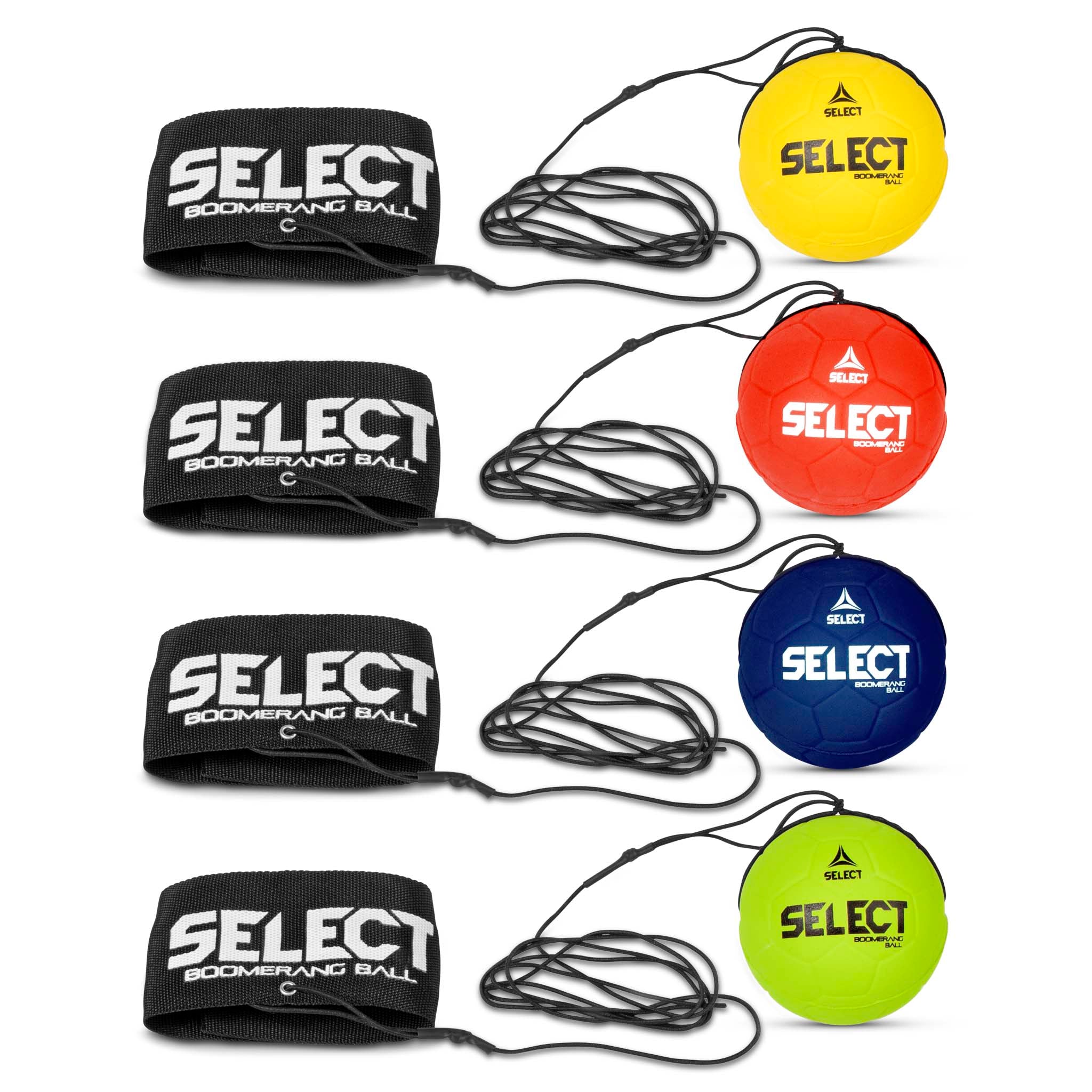 Boomerang Ball Select v23, Other balls, front page: yellow, red, blue and green balls with elastic cords and black wrist straps.