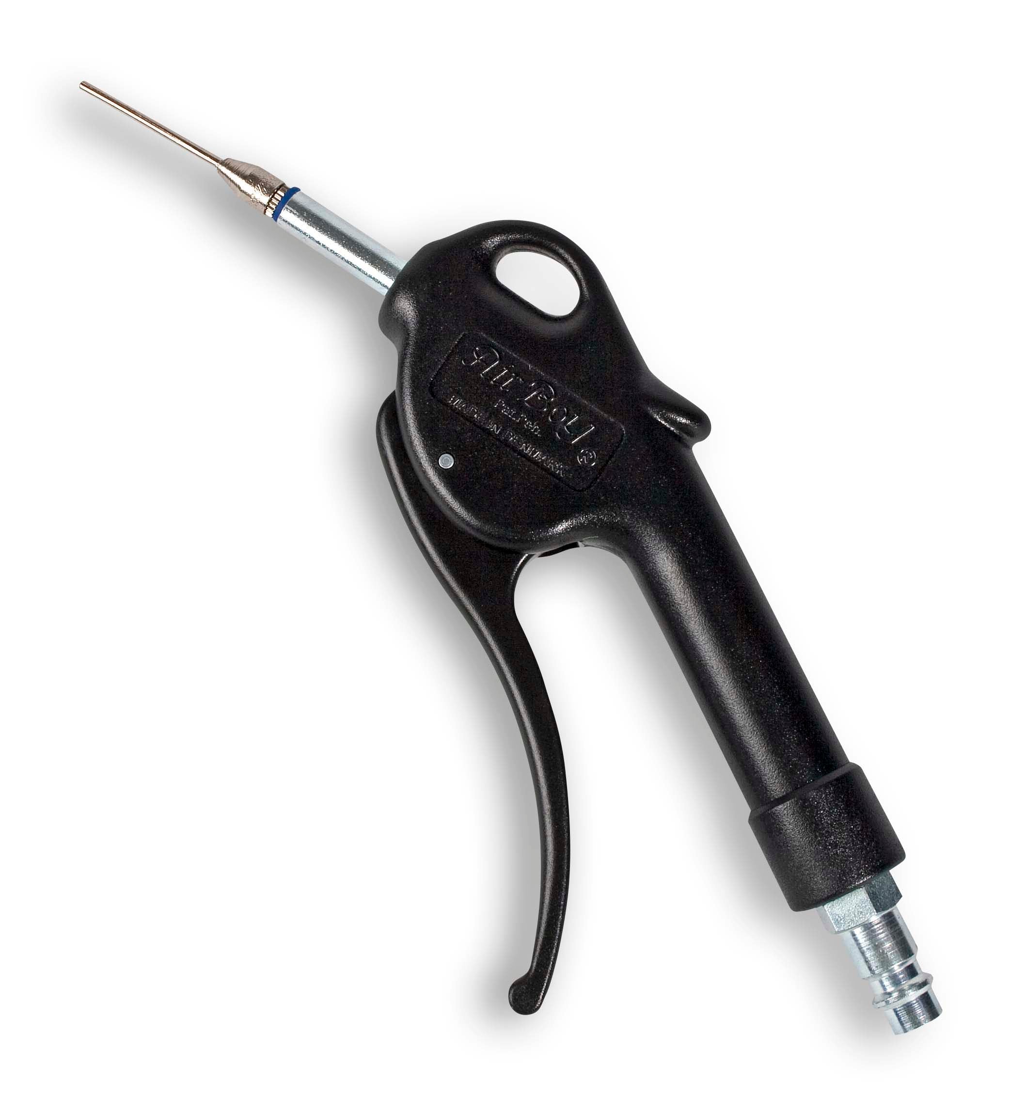 Black Compressor pistol Airboy with silver nozzle and connector, front view. Other teamgear.