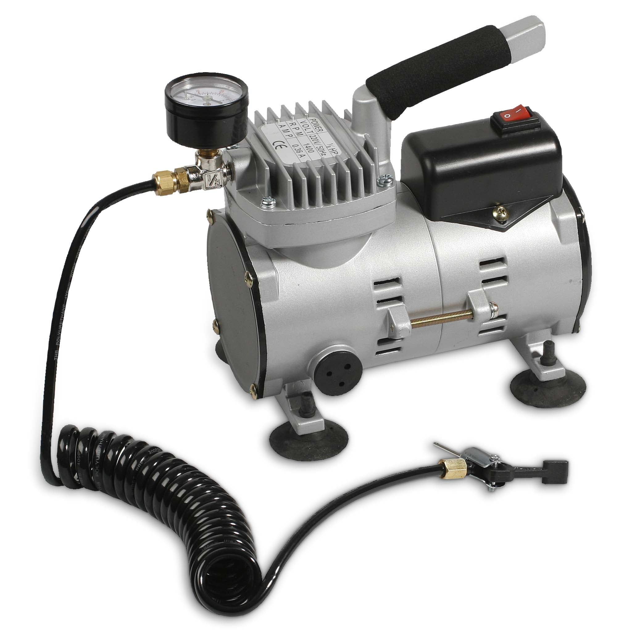 Air compressor Mini i sølv og sort med trykmåler og spiralslange, set forfra, Andet holdudstyr