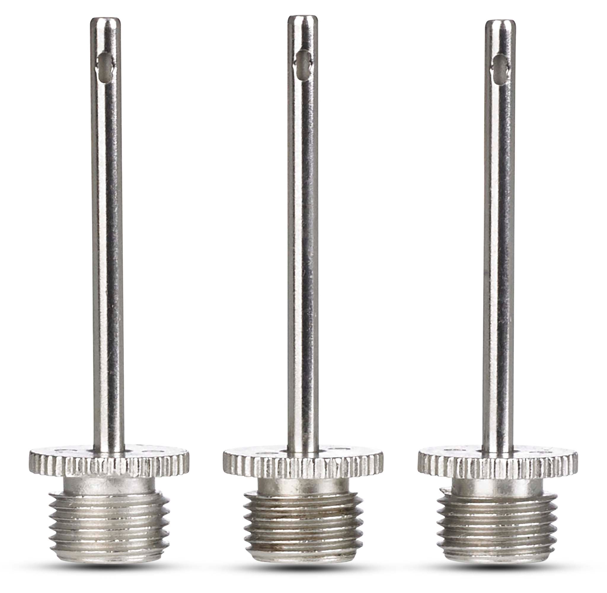 Front page closeup of three silver Needle 6mm Air compressor Mini, threaded ball equipment for football inflation.