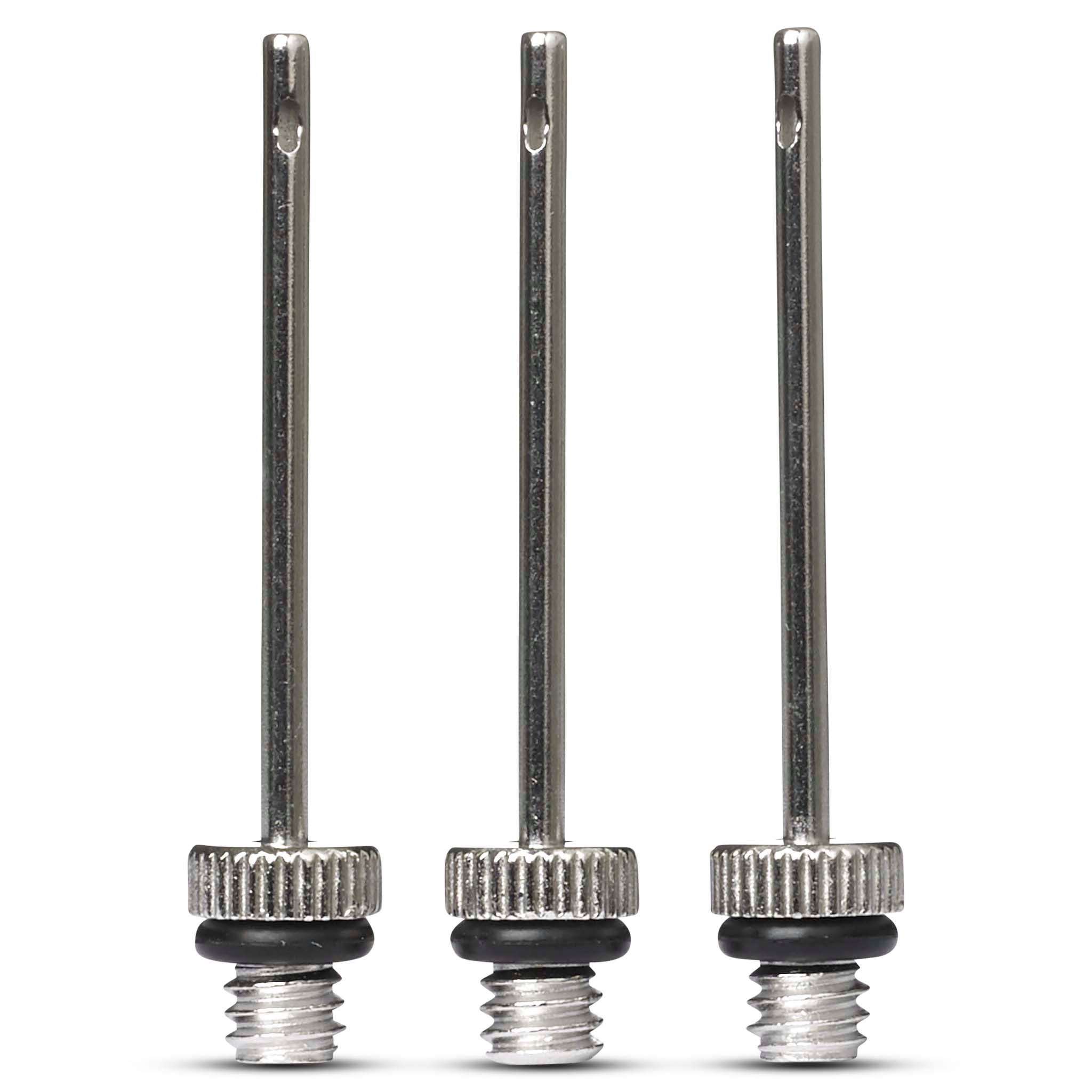 Three silver metal Needle for ball pump w/inbuilt hose, ball equipment, front view with black rubber rings