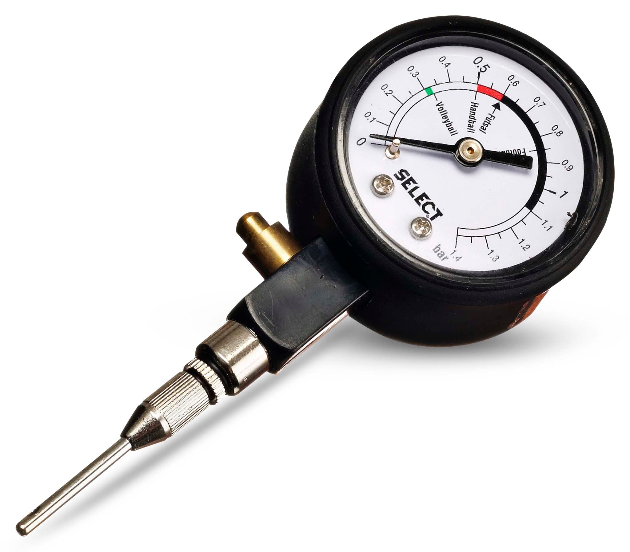 Black analogue pressure gauge for ball equipment, with white dial and silver needle valve. Front page view.