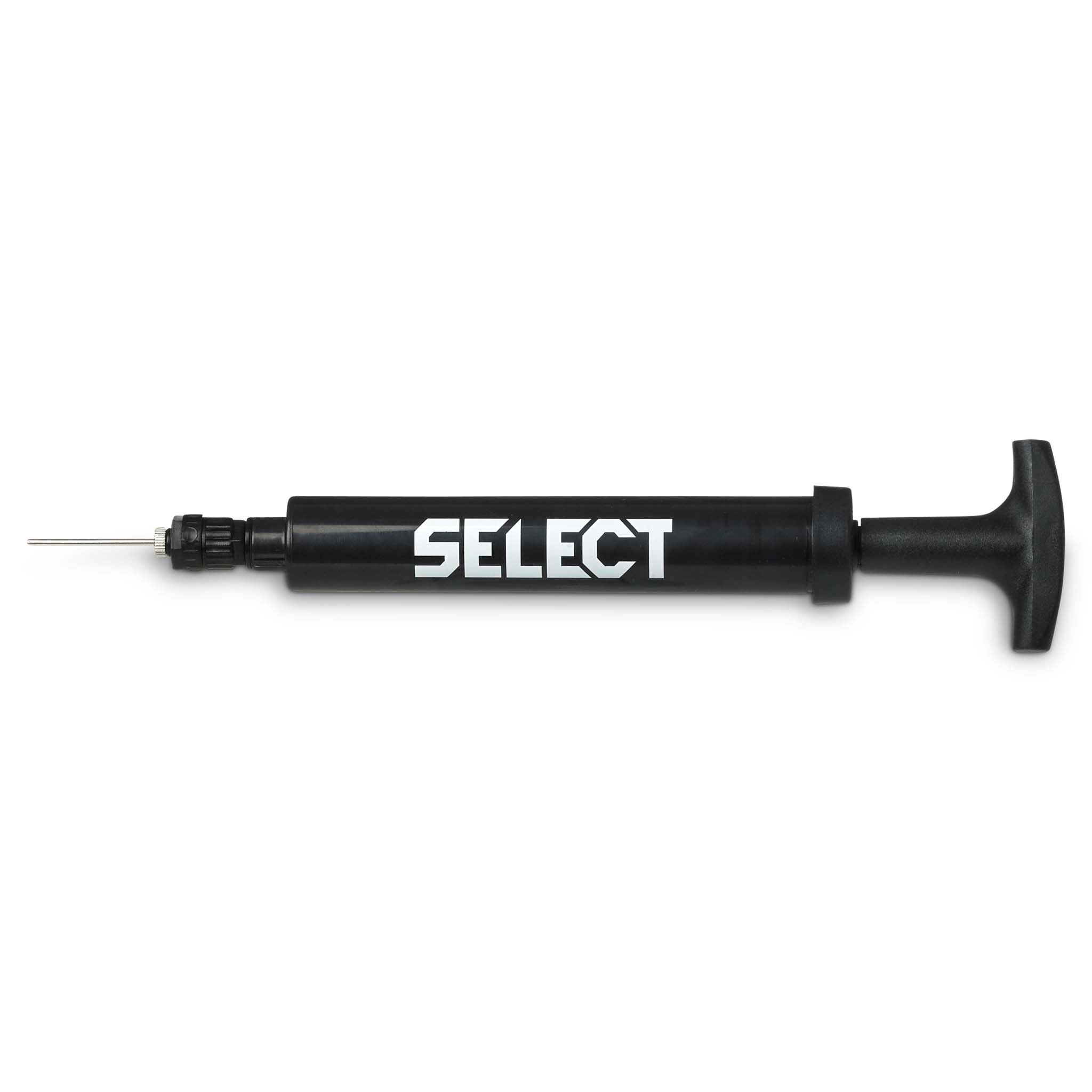Front view of black Ball pump 15 cm w/inbuilt hose, football ball equipment with white Select logo and needle.