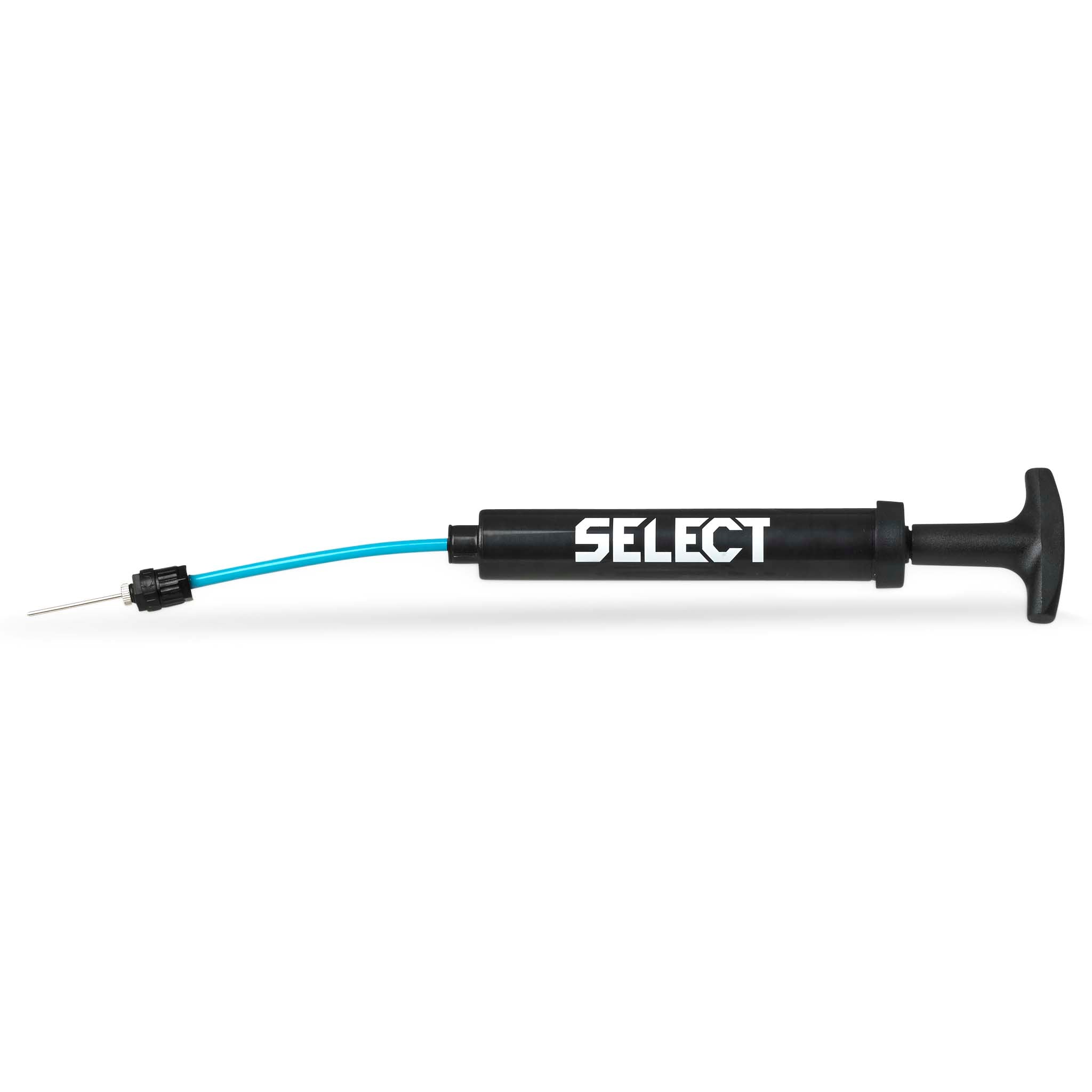 Front view of black Select Ball pump 15 cm w/inbuilt hose with blue hose, football ball equipment.