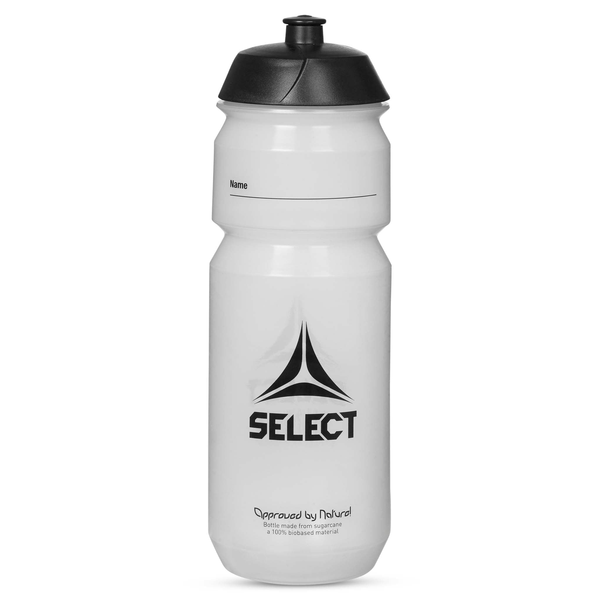 Front view of white Select v21 water bottle with black cap and logo, training equipment for football.