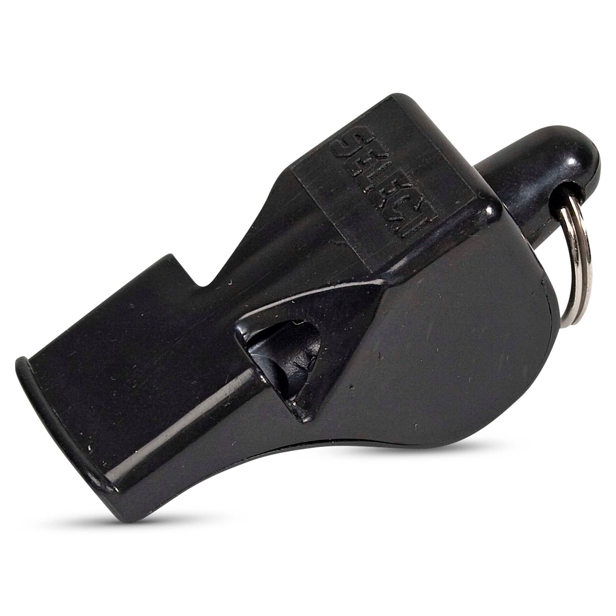 Black Referees whistle Classic, front view. Referee gear for football with a metal split ring attachment.