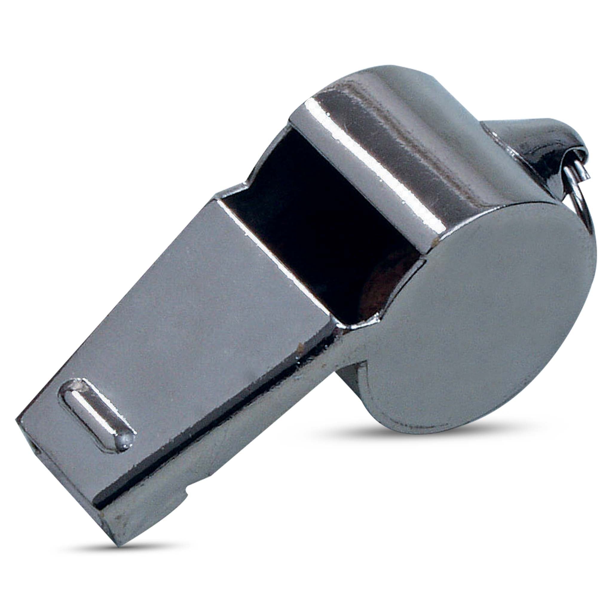 Front page closeup of silver metal Referees whistle, referee gear for football, showing shiny chrome finish.