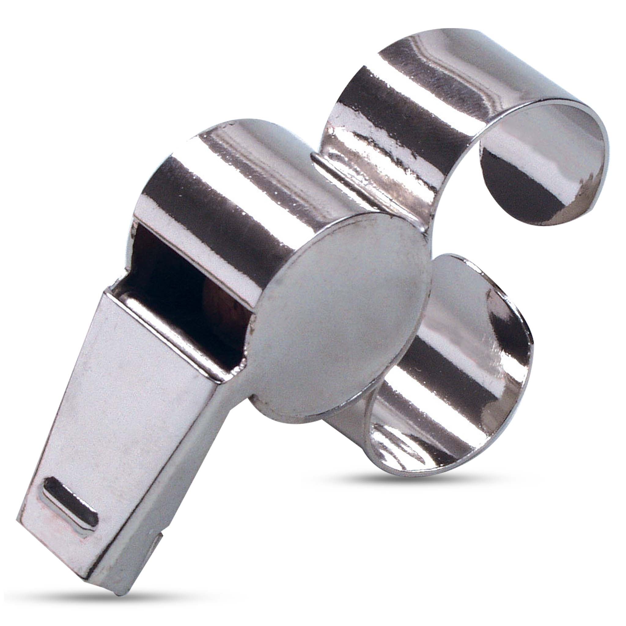 Silver metal referees whistle w/metal finger grip, referee gear, front page closeup.