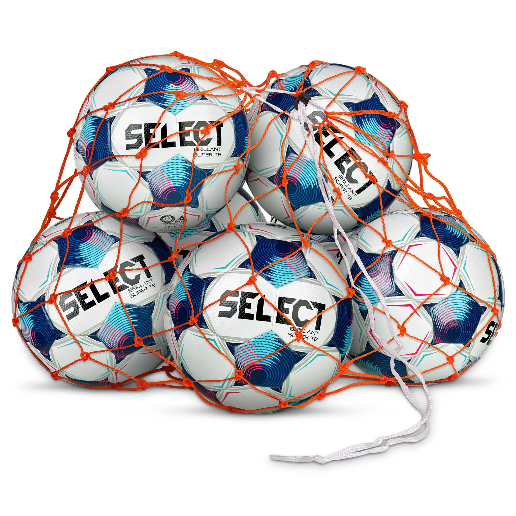 Front page of orange Ball net from Ball equipment category holding white, blue and orange footballs.