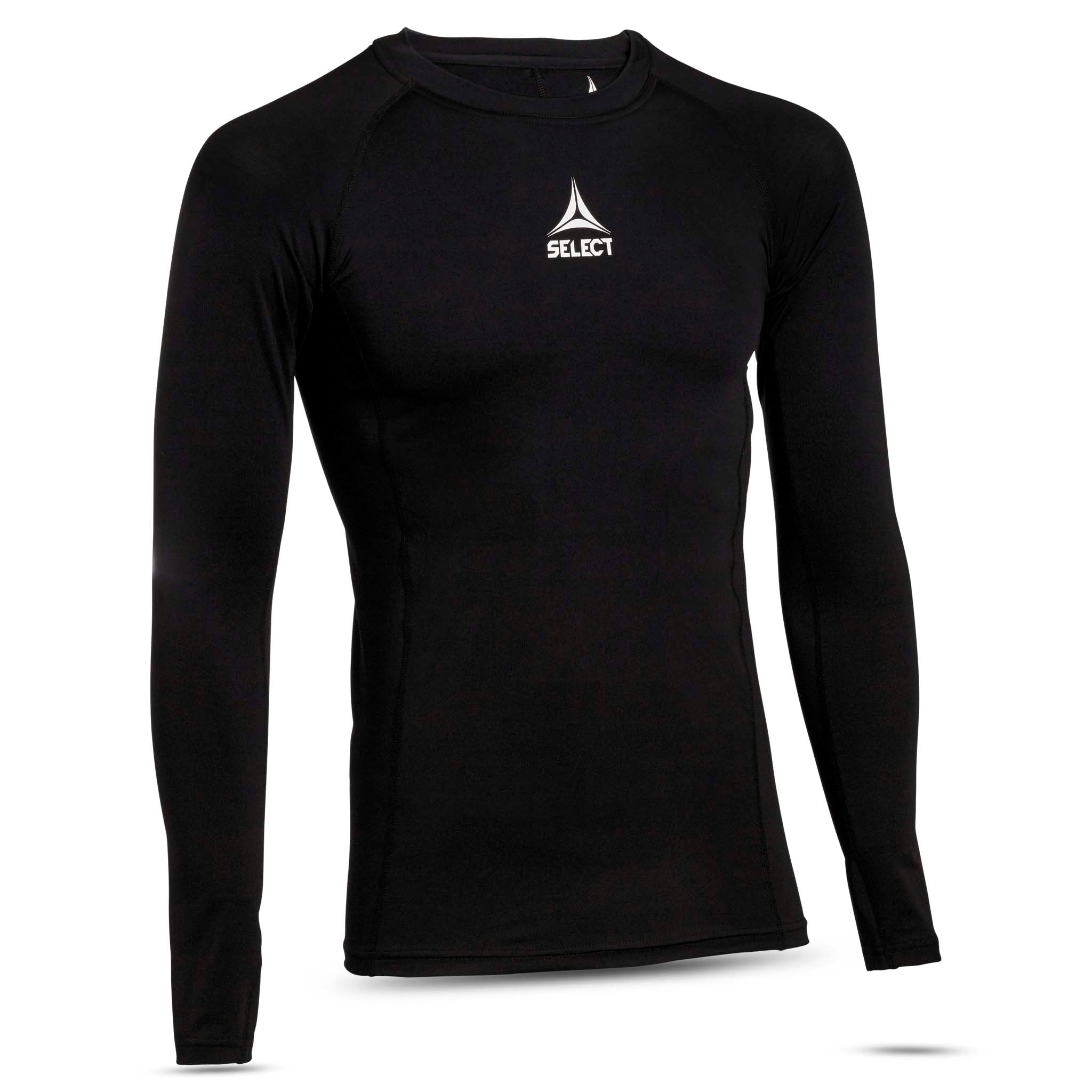 Black long-sleeve Shirts L/S Baselayer, front view with white logo on chest, football baselayer.
